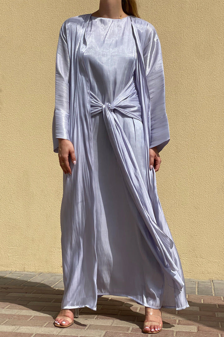 MOiSTREET Rotana Shimmer Lavender Grey Abaya Set Comes With 3 Piece