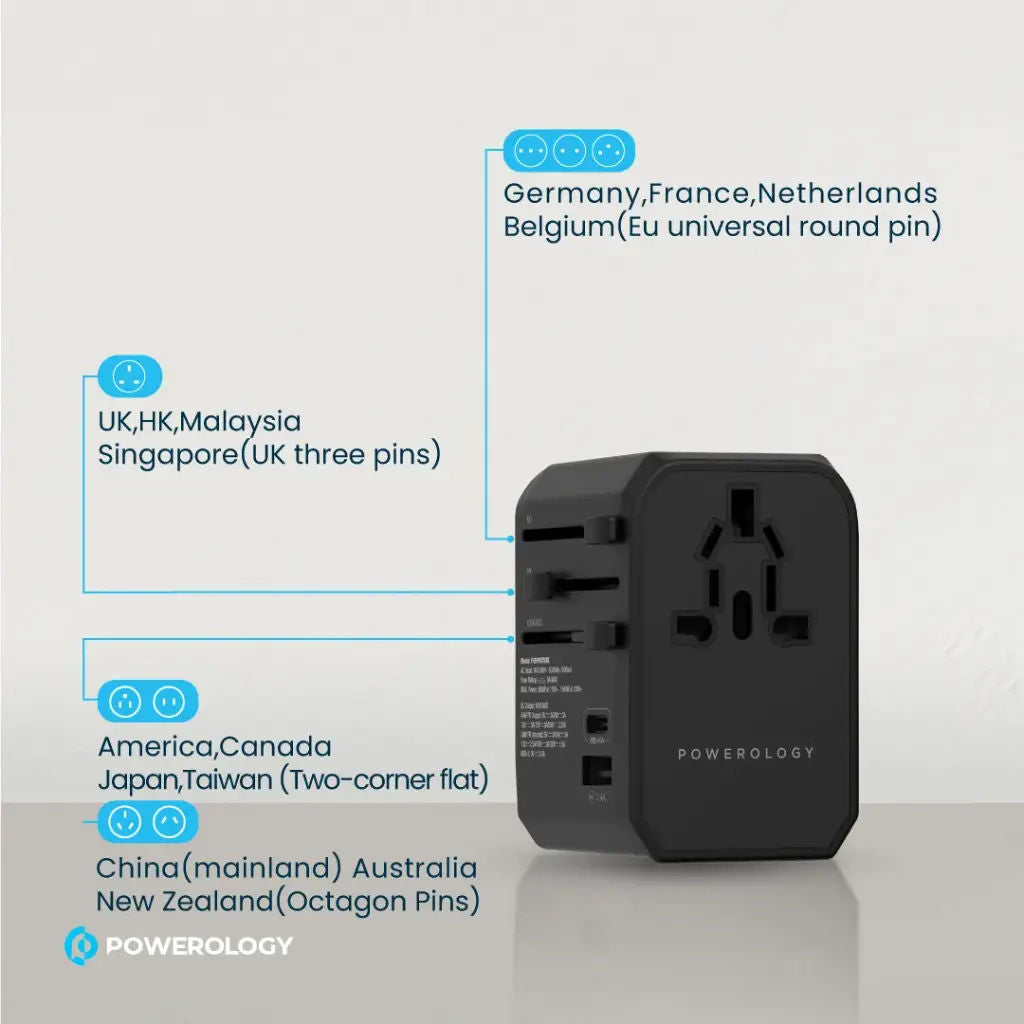 Powerology Universal Travel Adapter 45W PD Fast Charge, 3× USB-A + USB-C, Global Plug, Black