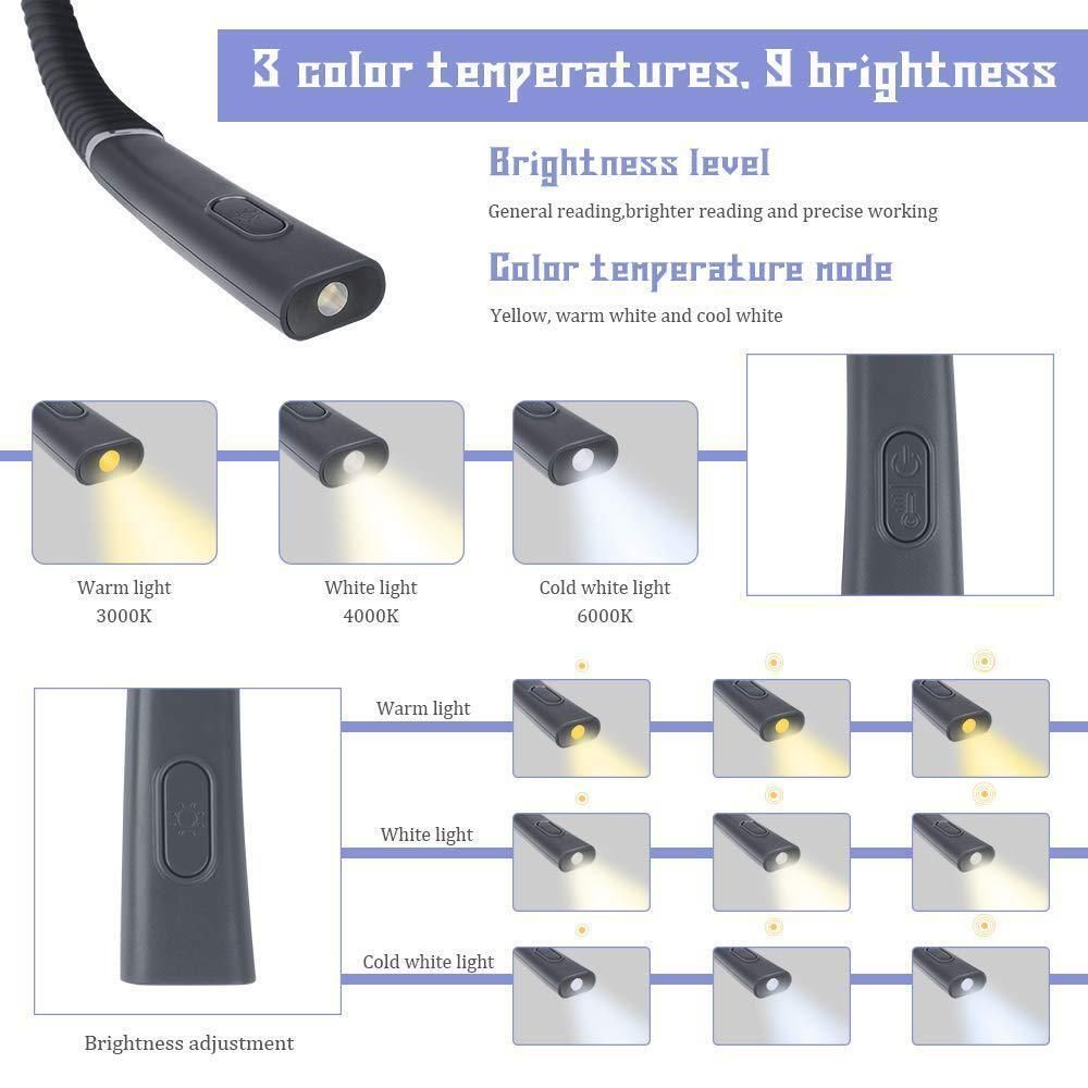 Neck Hanging Reading Lamp Hands Free Rechargeable LED Reading Light 3 Colors