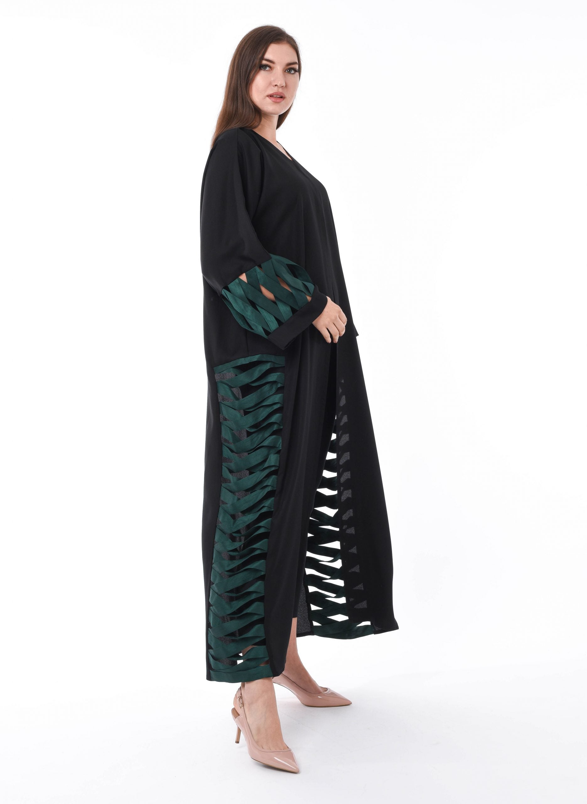 MOiSTREET Black Abaya with Green Criss Cross Detailing