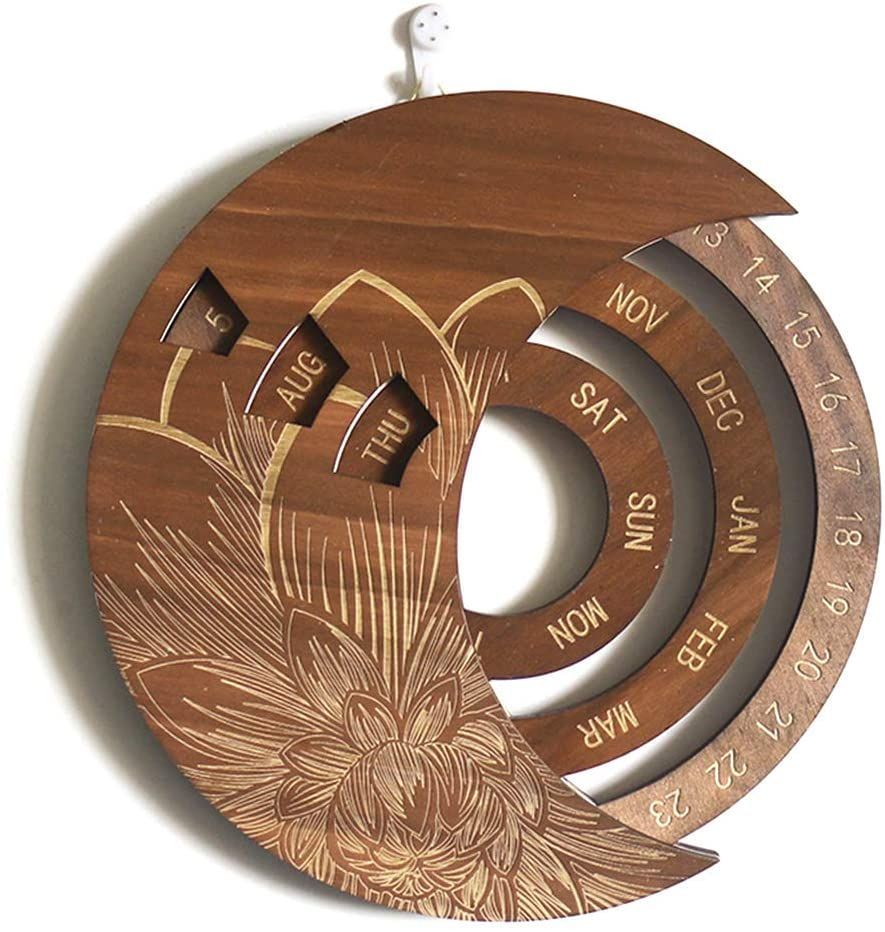 Round Moon Wooden Perpetual Wall Hanging Calendar Birthday Reminder Home Ornament