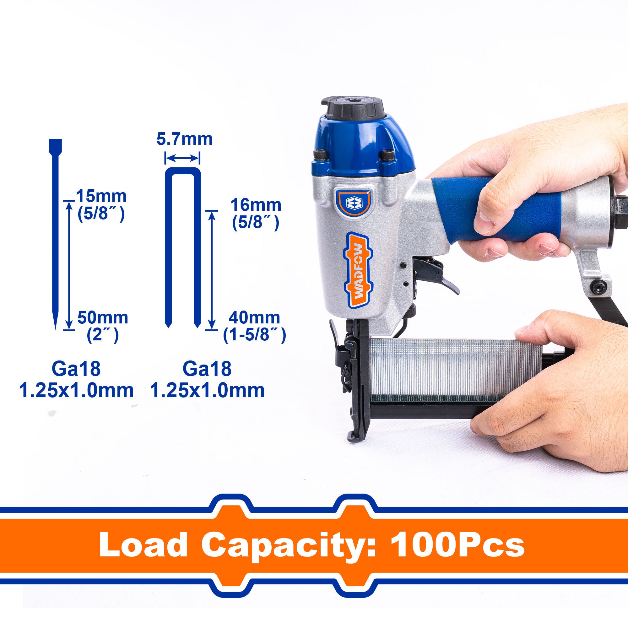 WADFOW 2-in-1 Combo Brad Nailer & Stapler - GA18, 15-50 mm Brads, 16-40 mm Staples, 100-Pc Load, Adjustable Depth, Safety System