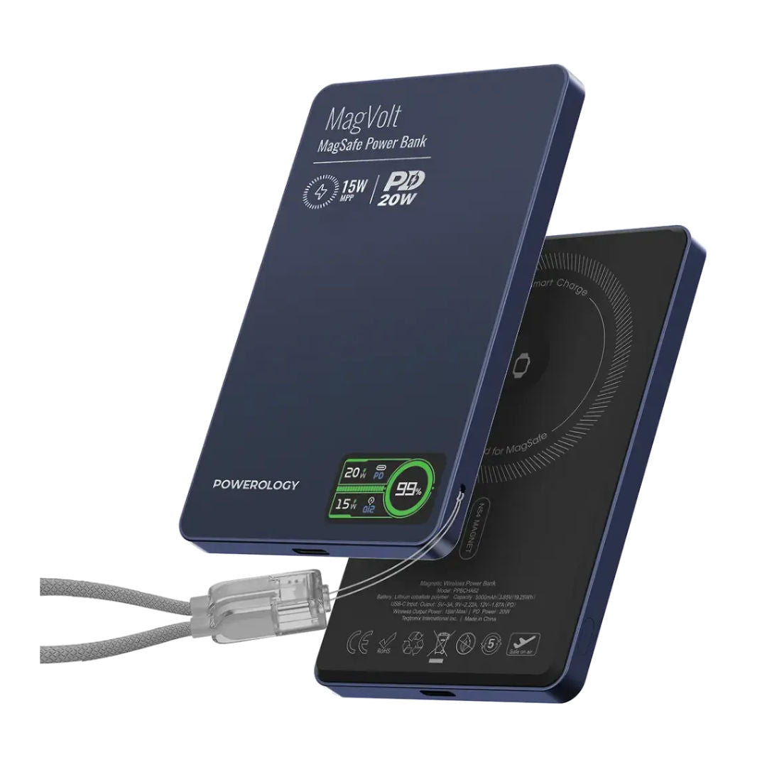 Powerology MagVolt 5000mAh Magnetic Power Bank, Smart LED Display
