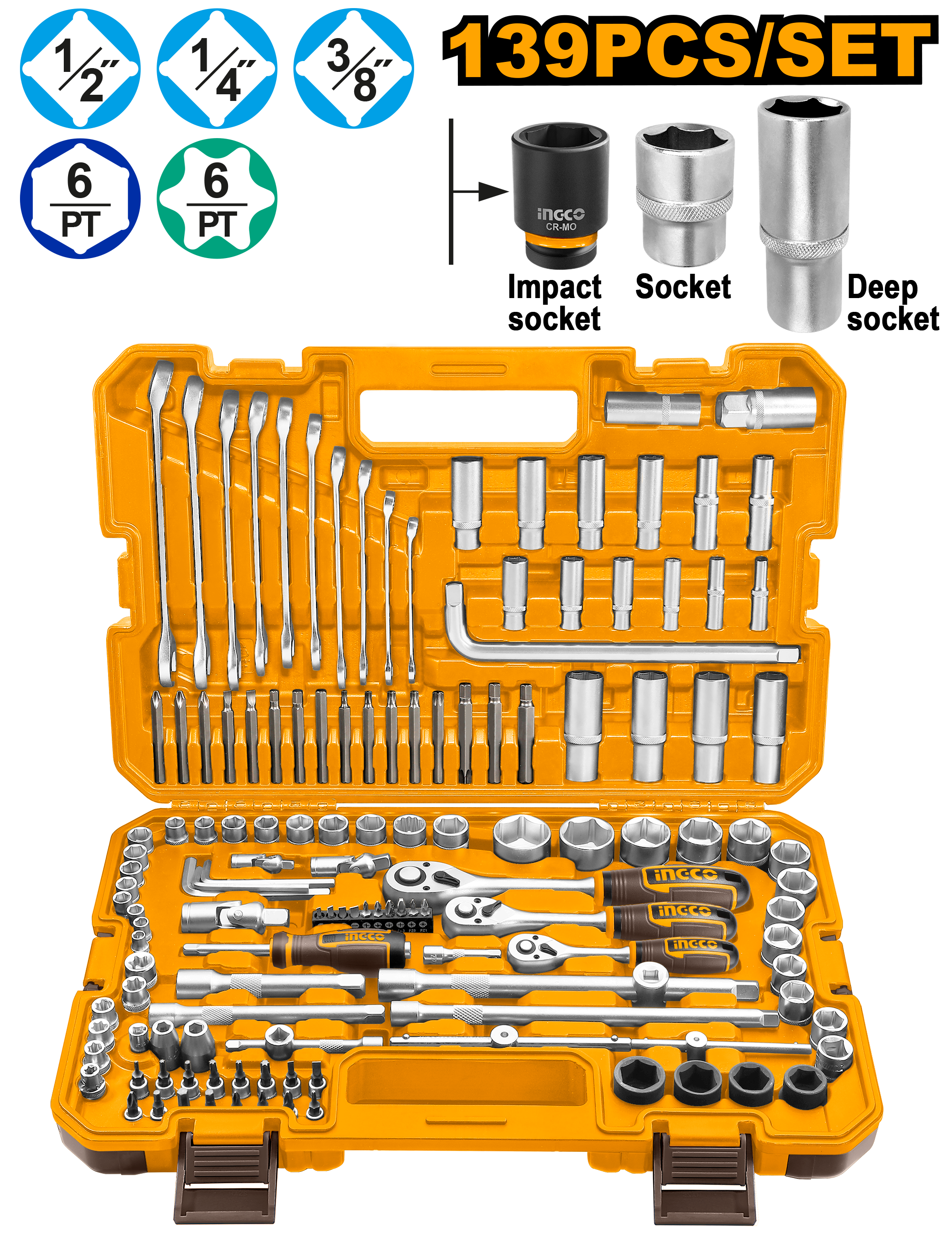 INGCO 139-Pieces Combination Tool Kit Professional Repair Set