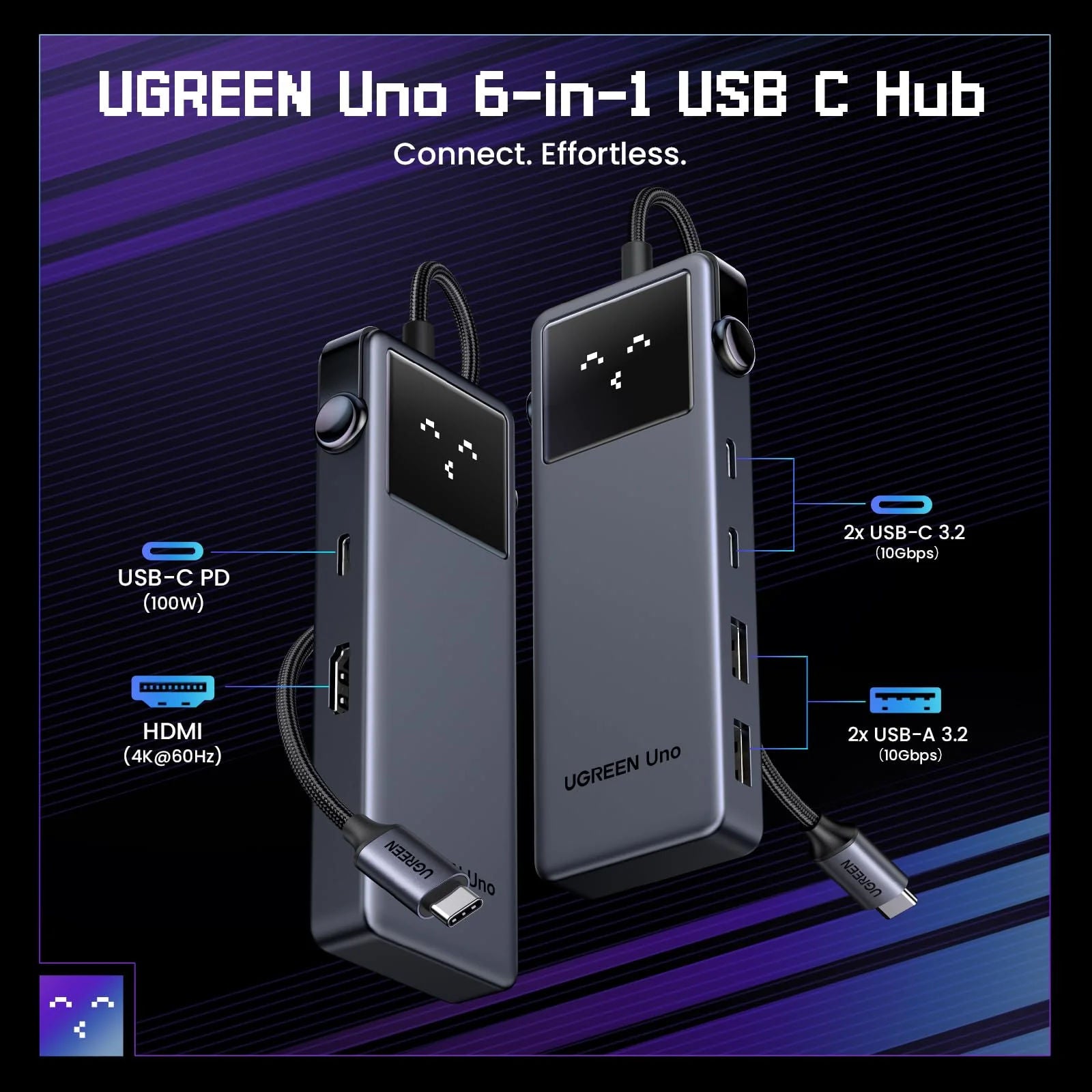 محول UGREEN Uno 6 في 1 USB-C مزود بمدخل HDMI بدقة 4K، ومنفذين USB-A 3.2، ومنفذين USB-C 3.2، ووظيفة تزويد الطاقة بقدرة 100 واط