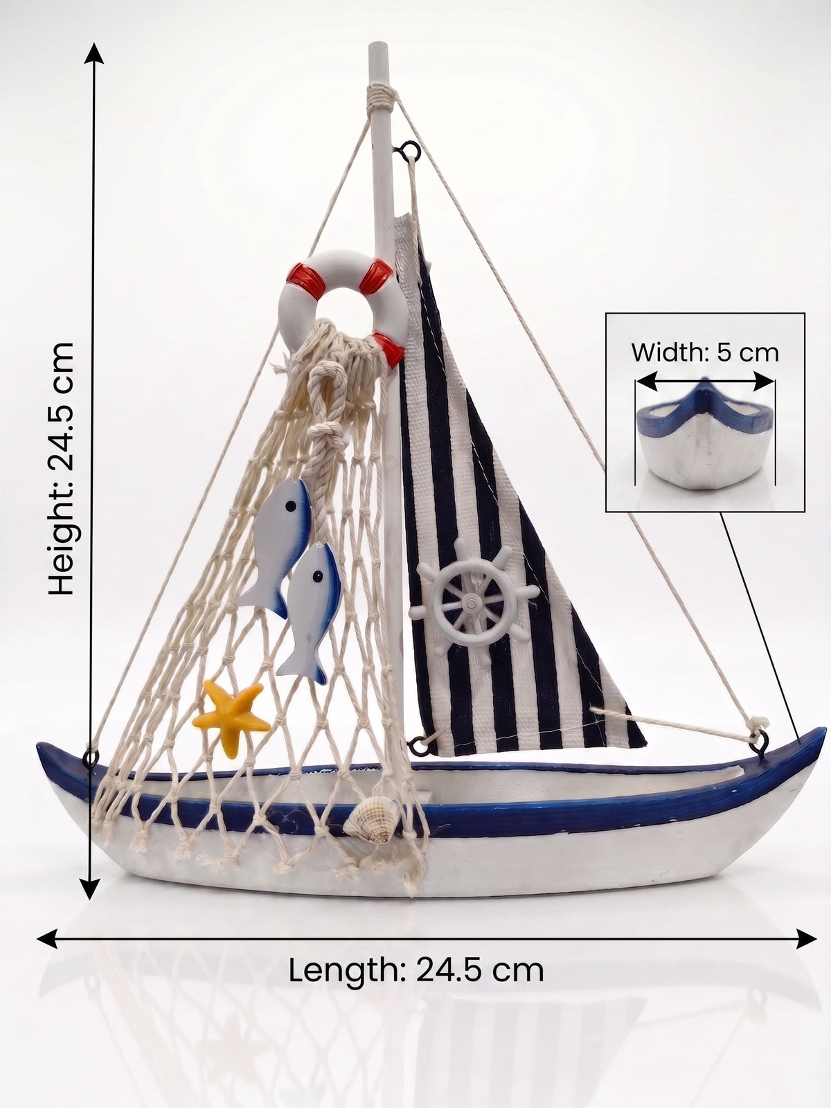Handcrafted Wooden Model Sailboat – White & Navy Coastal Home Decor Display