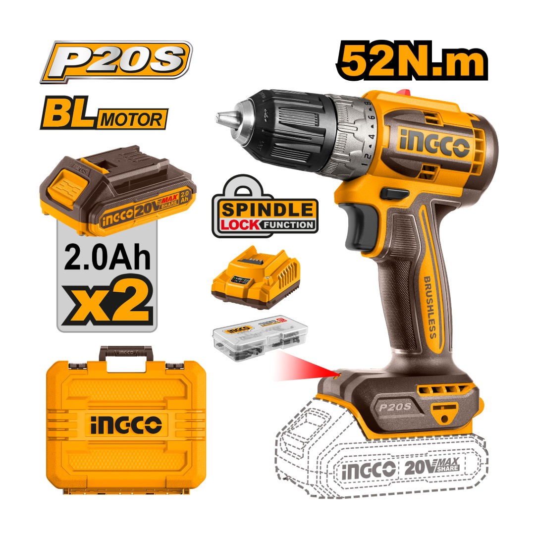 مجموعة مثقاب لاسلكي بدون فرشات من INGCO، 20 فولت