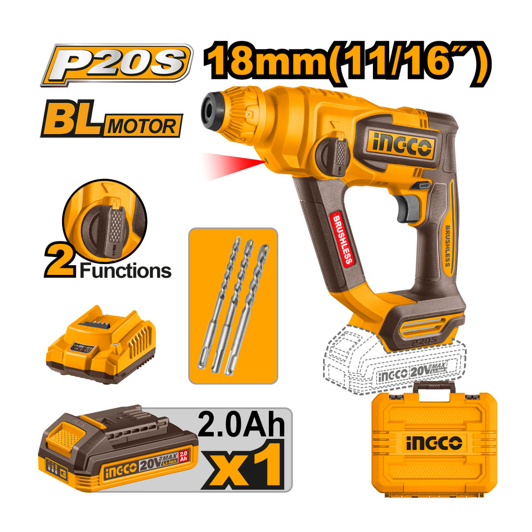 INGCO Cordless Rotary Hammer, 20V, Brushless Motor