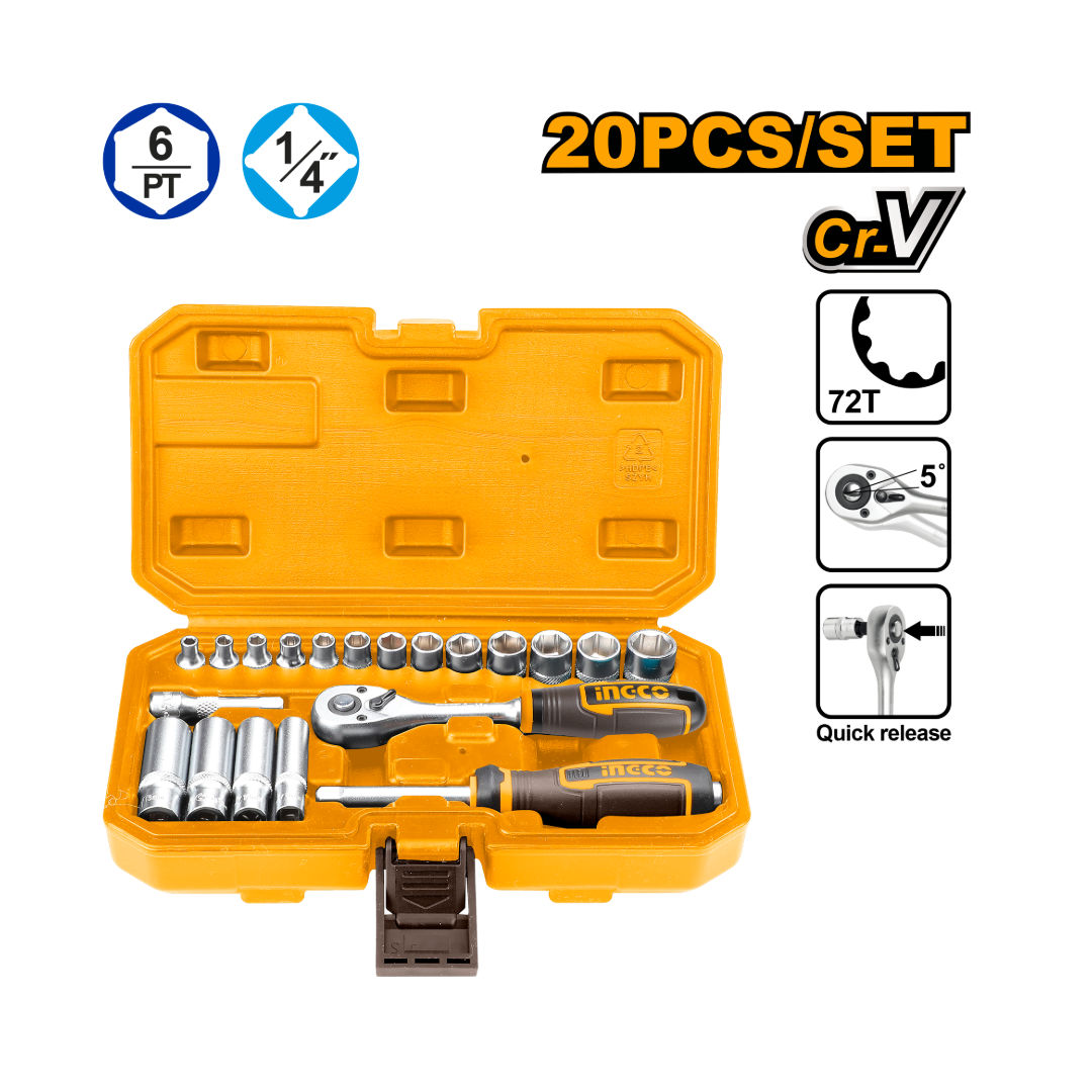 INGCO 20-Pieces 1/4" Socket Set, 45T Ratchet