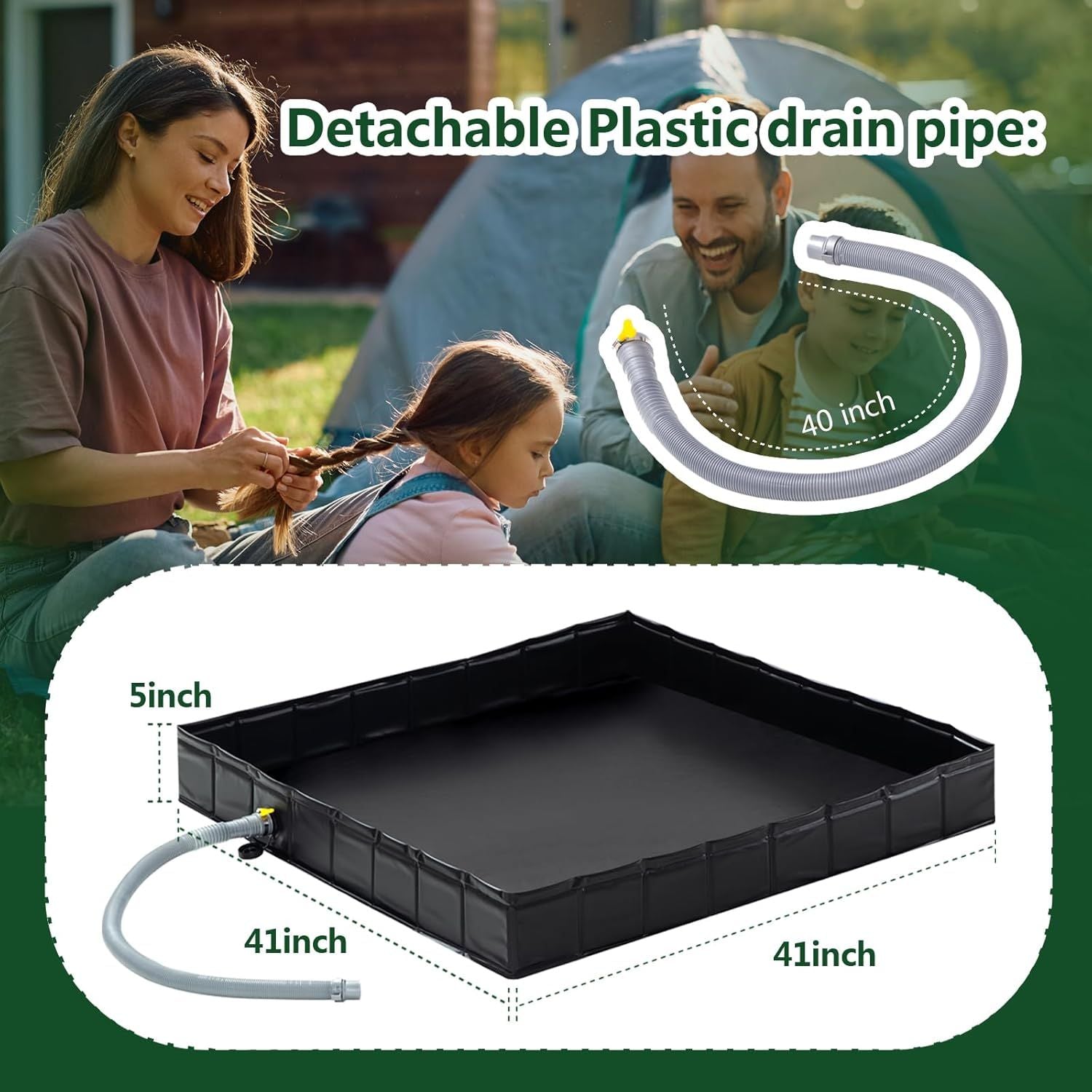 Portable Shower Pan Foldable Outdoor Shower Base with Detachable Drain Pipe