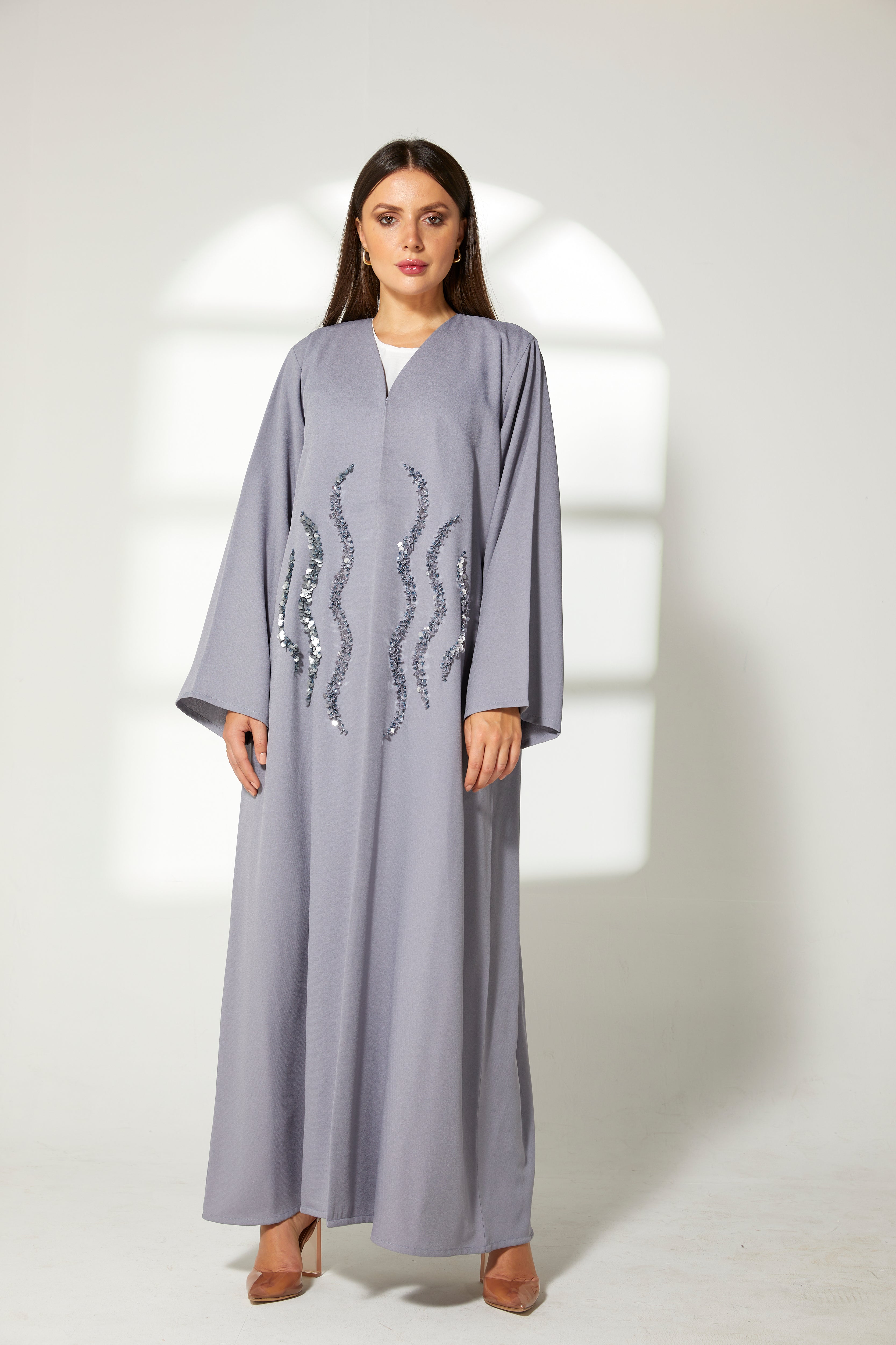 MOiSTREET Grey Korean Crepe Embroidery Abaya