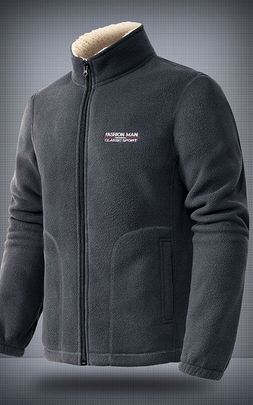 Men Polar Fleece Jacket Stand Collar Zipper Warm Thick Coat Winter Casual Outerwear