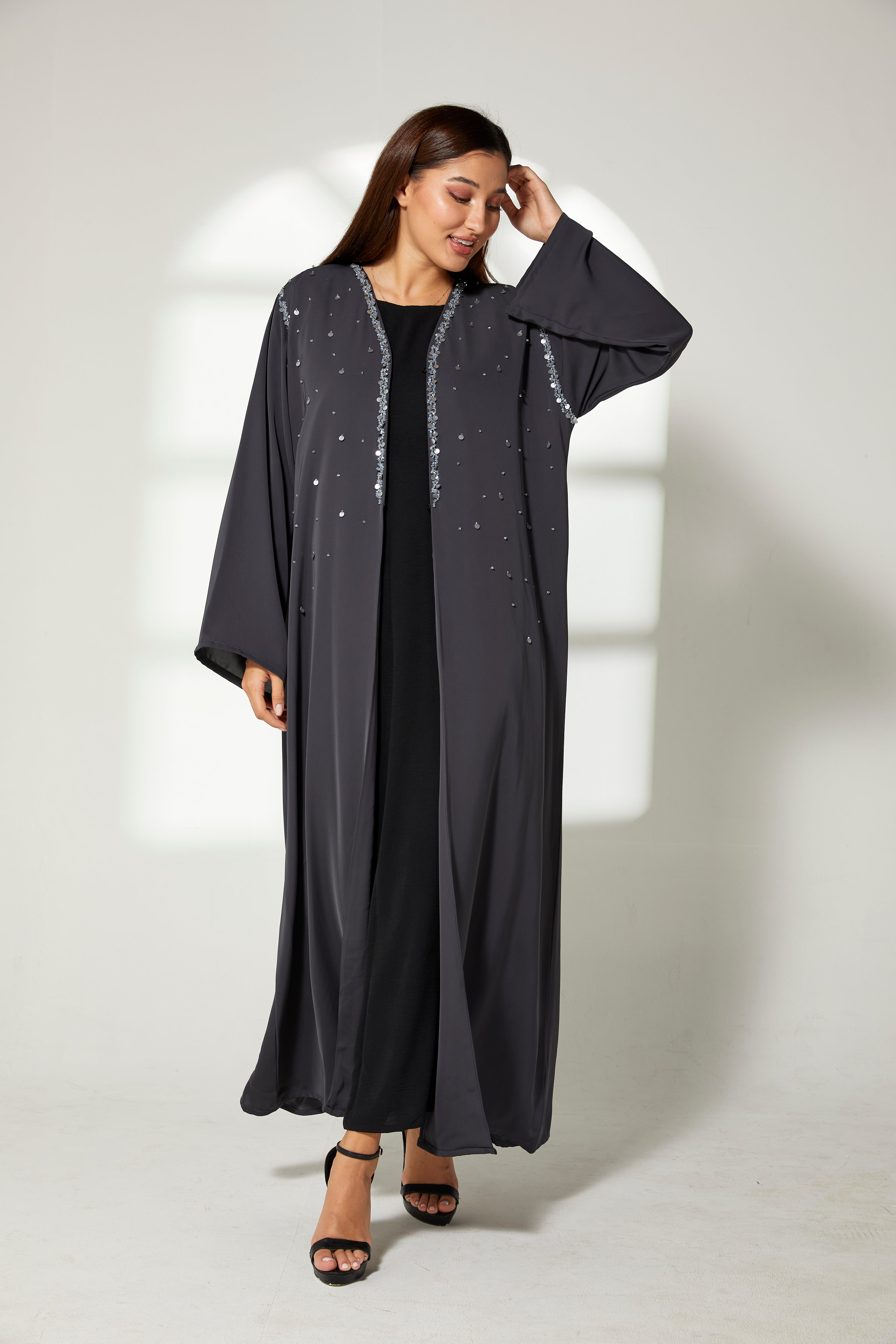 MOiSTREET Grey Korean Nida Embroidery Abaya