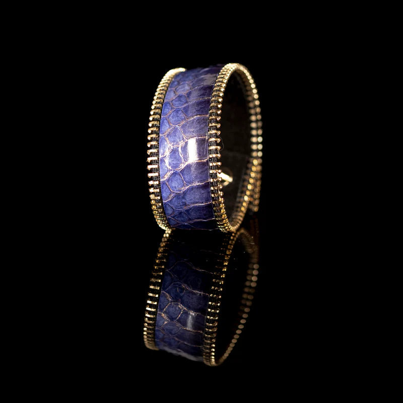 The Dark Purple Python Leather Cuff with Gold Zipper Edges