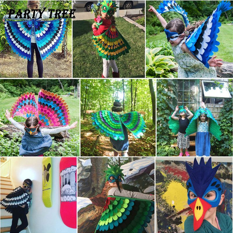 Birds Wings Costume Set Halloween Peacock Parrot Cape With Felt Mask Kids Fancy Dress Up