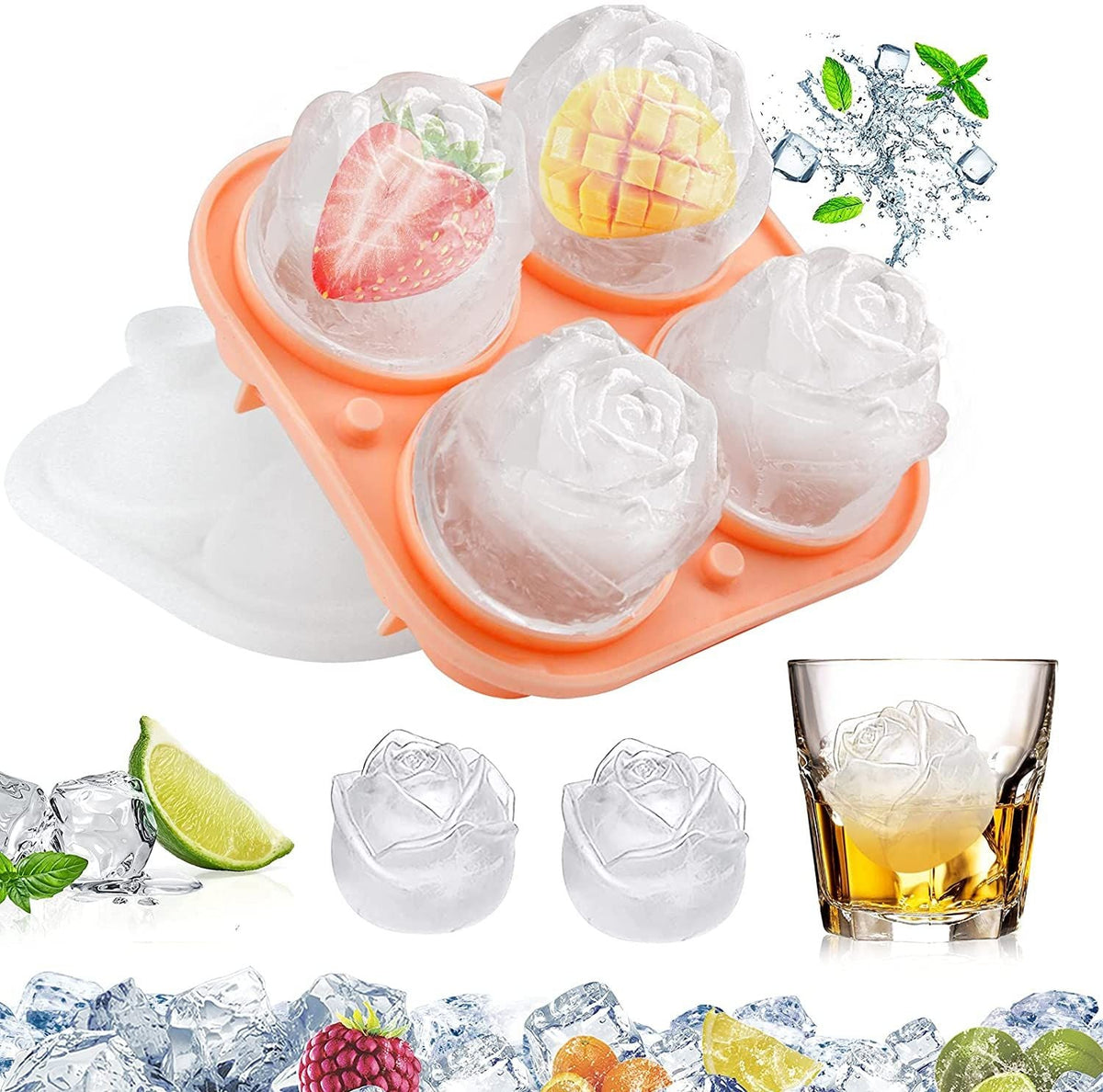 4 Cavity Ice Cube Trays 3D Silicone Rose Ice Tray Mold With Removable Funnel-Shaped Lid