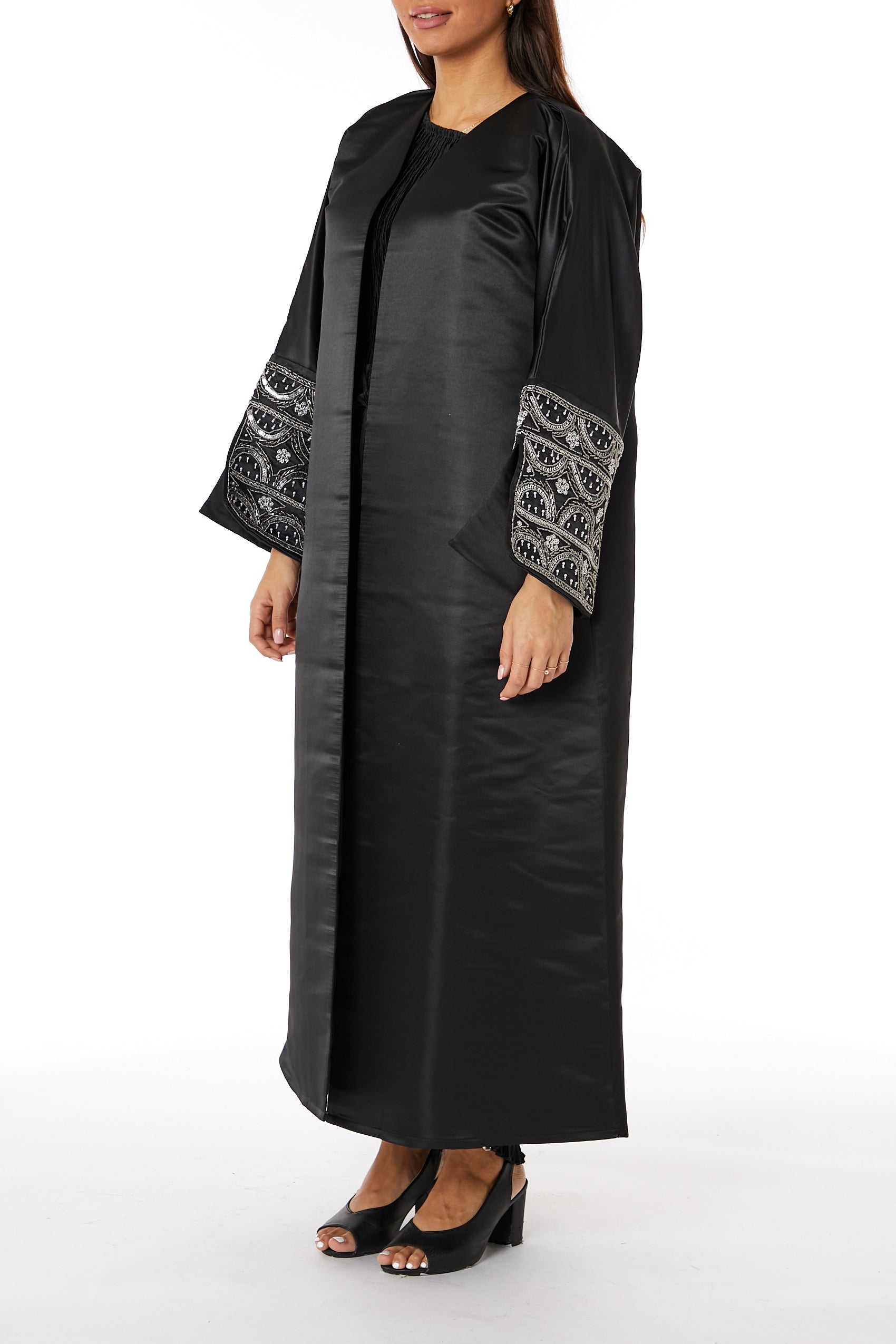 MOiSTREET Black V-Neck Bridal Satin Split Cuffs Abaya