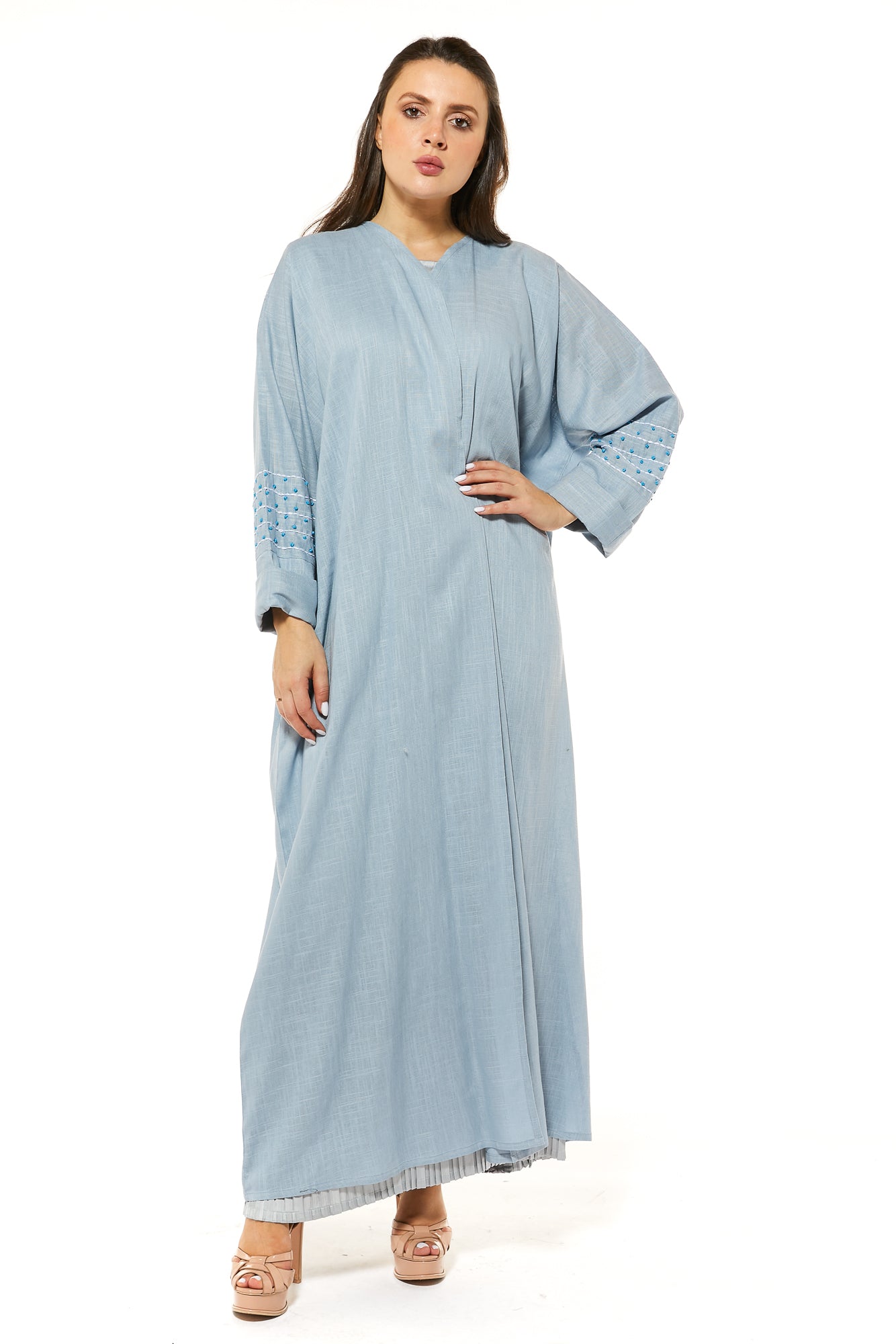 MOiSTREET Blue Linen Abaya with Threadwork