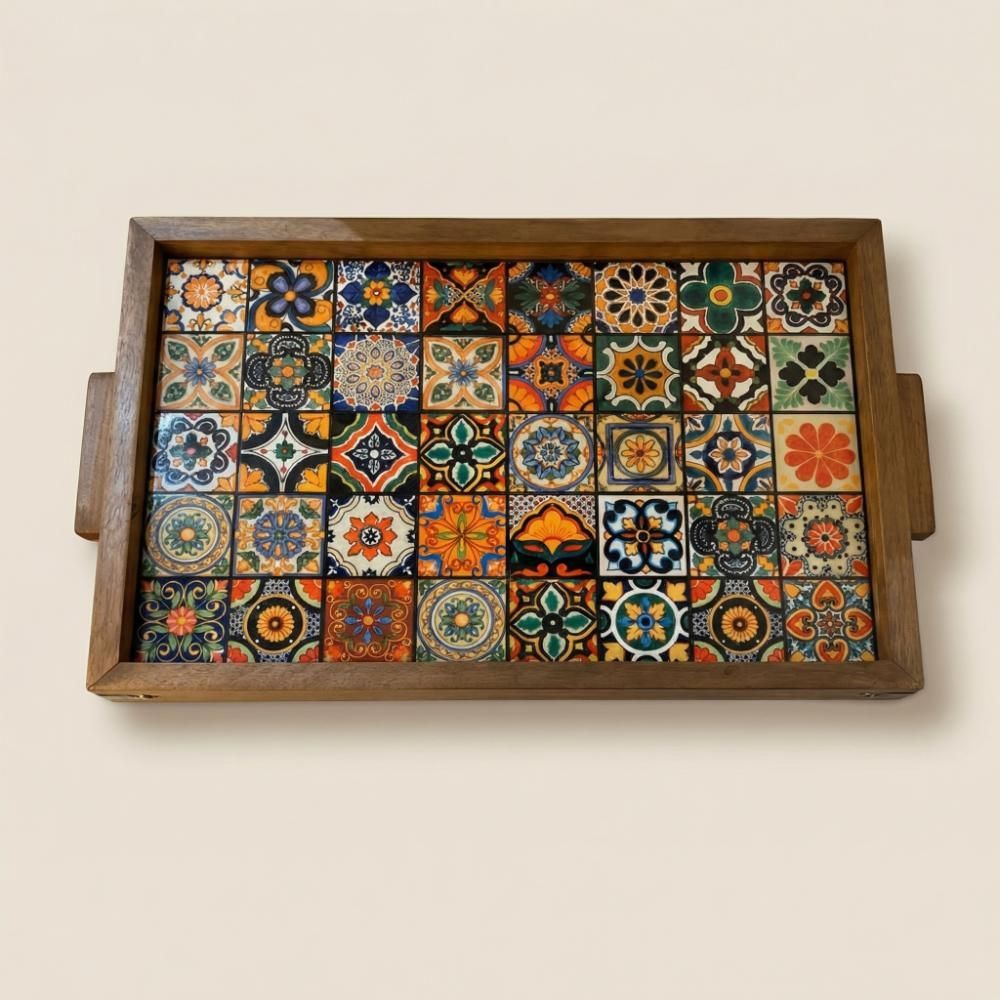 Handmade Ceramic Tile Wooden Serving Tray – Rustic Bohemian Coffee Table Decor