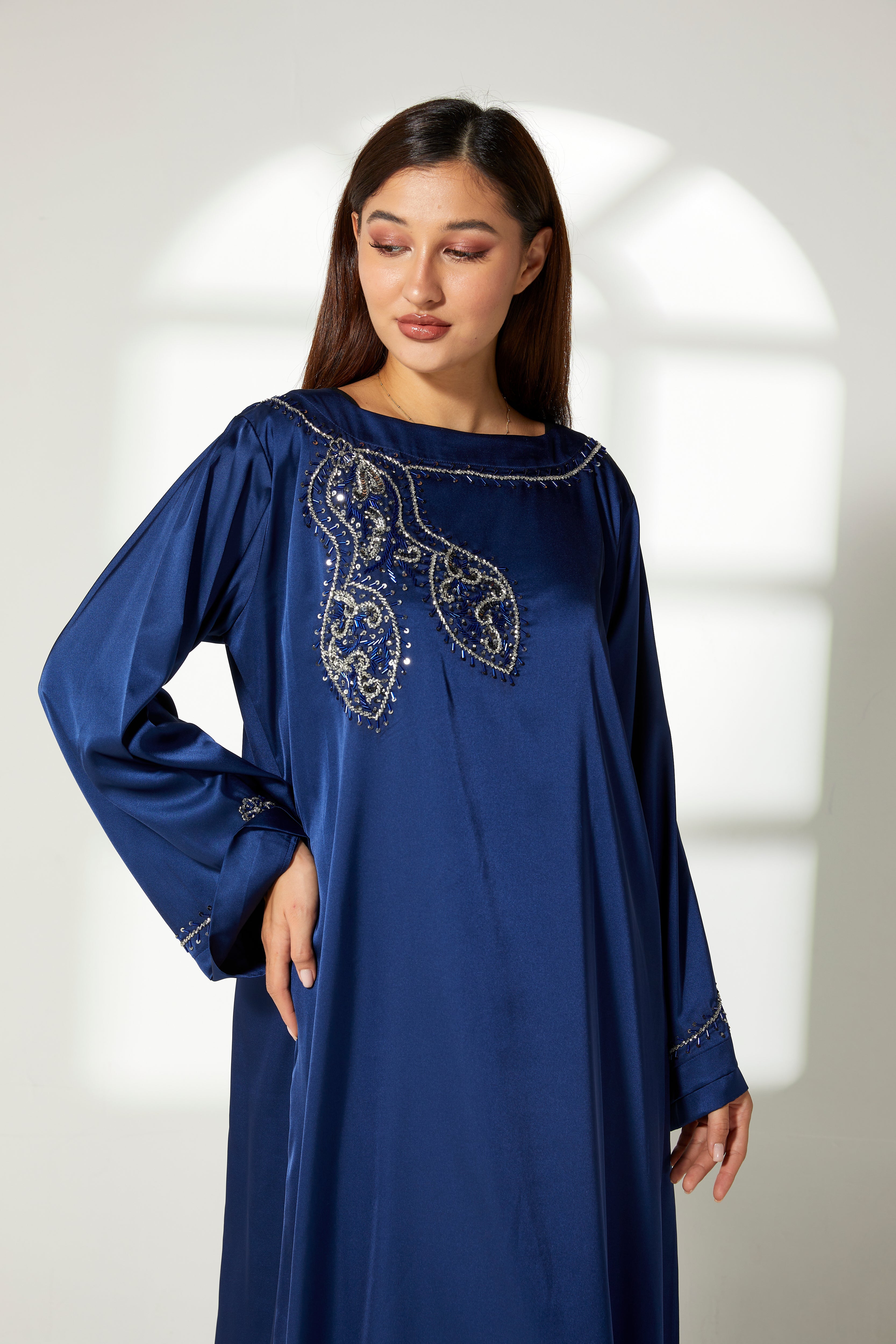 MOiSTREET Navy Silk Hand Embroidered  Kaftan