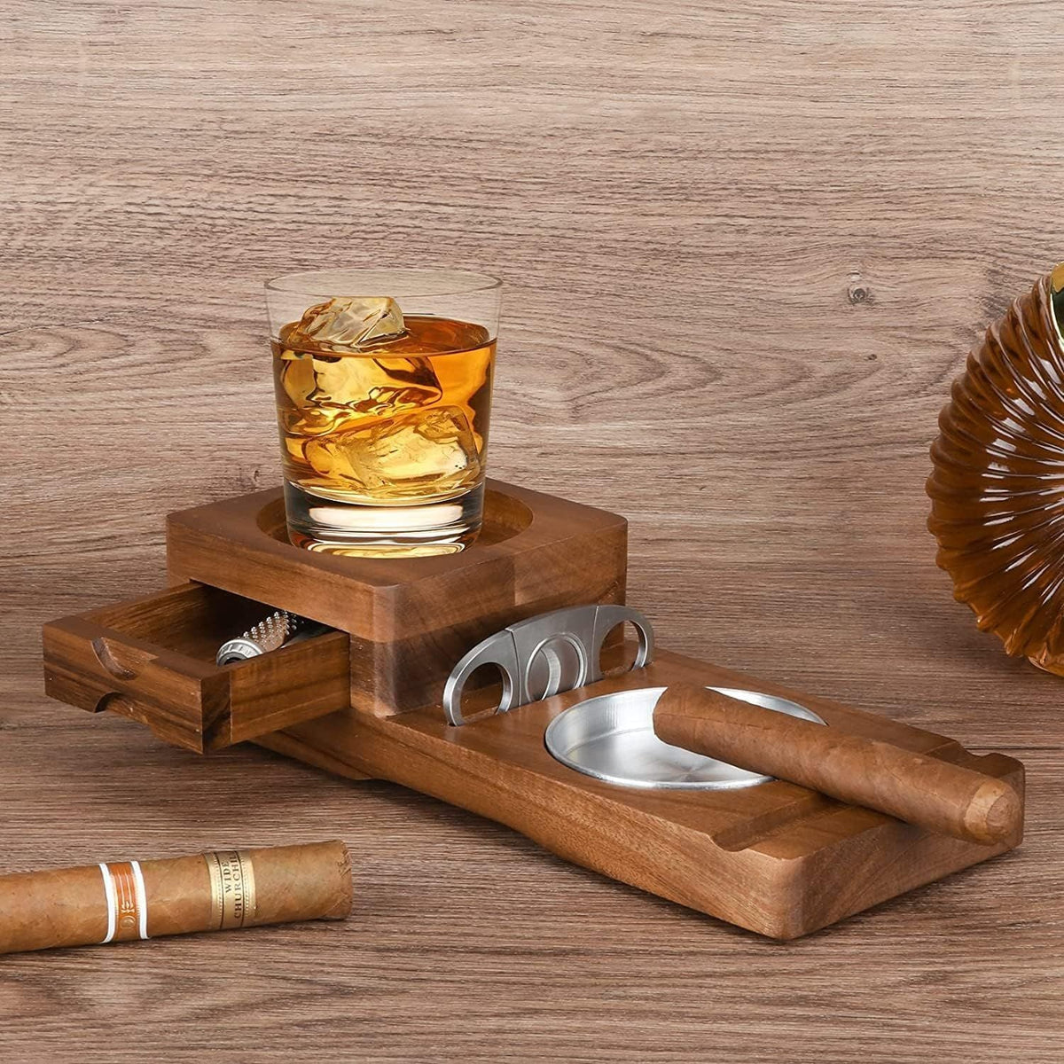Cigar Ashtray Whiskey Glass Tray Wooden Ash Tray Cigar Cutter