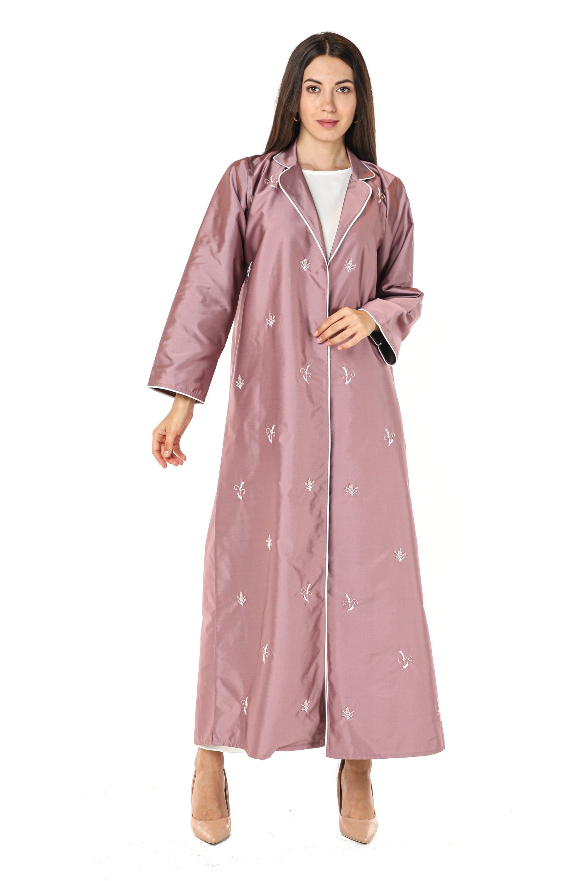 MOiSTREET Pink Victoria Satin Abaya with Embroidery