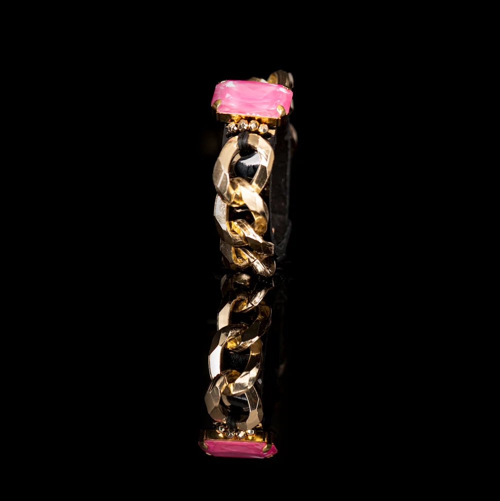 The Dark Black Leather Chain Cuff Bracelet with Pink Crystal