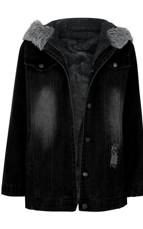 Winter Thick Denim Jacket Women Casual Long Sleeve Fur Collar Hooded Warm Coat