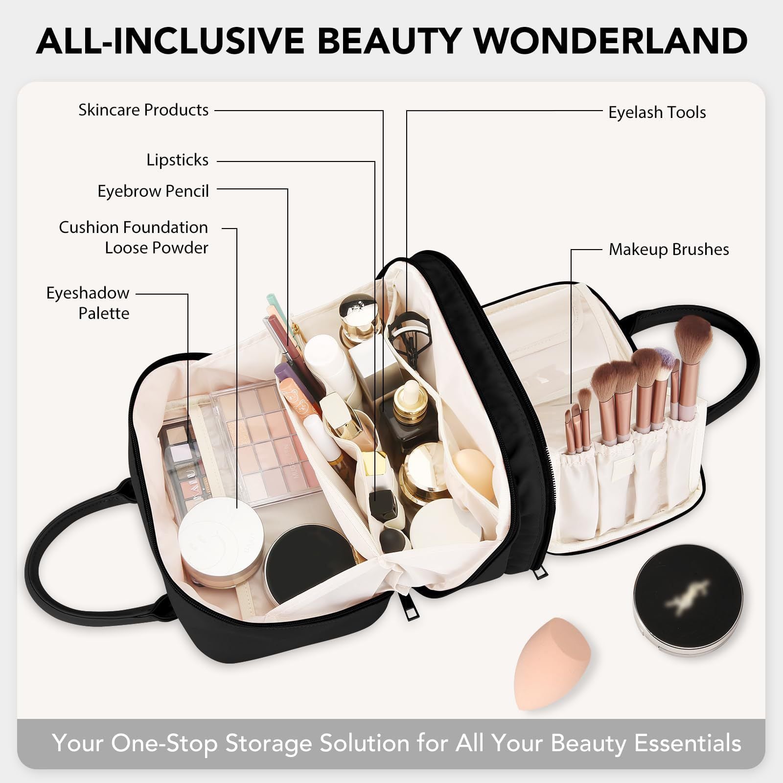 Waterproof Nylon Travel Makeup Bag with Brush Storage