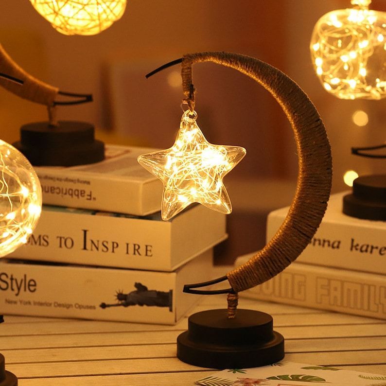 LED Moon Night Light Hanging Vine Ball Desk Lamp Handmade Rope Rattan Table Lamp Bedroom Decoration