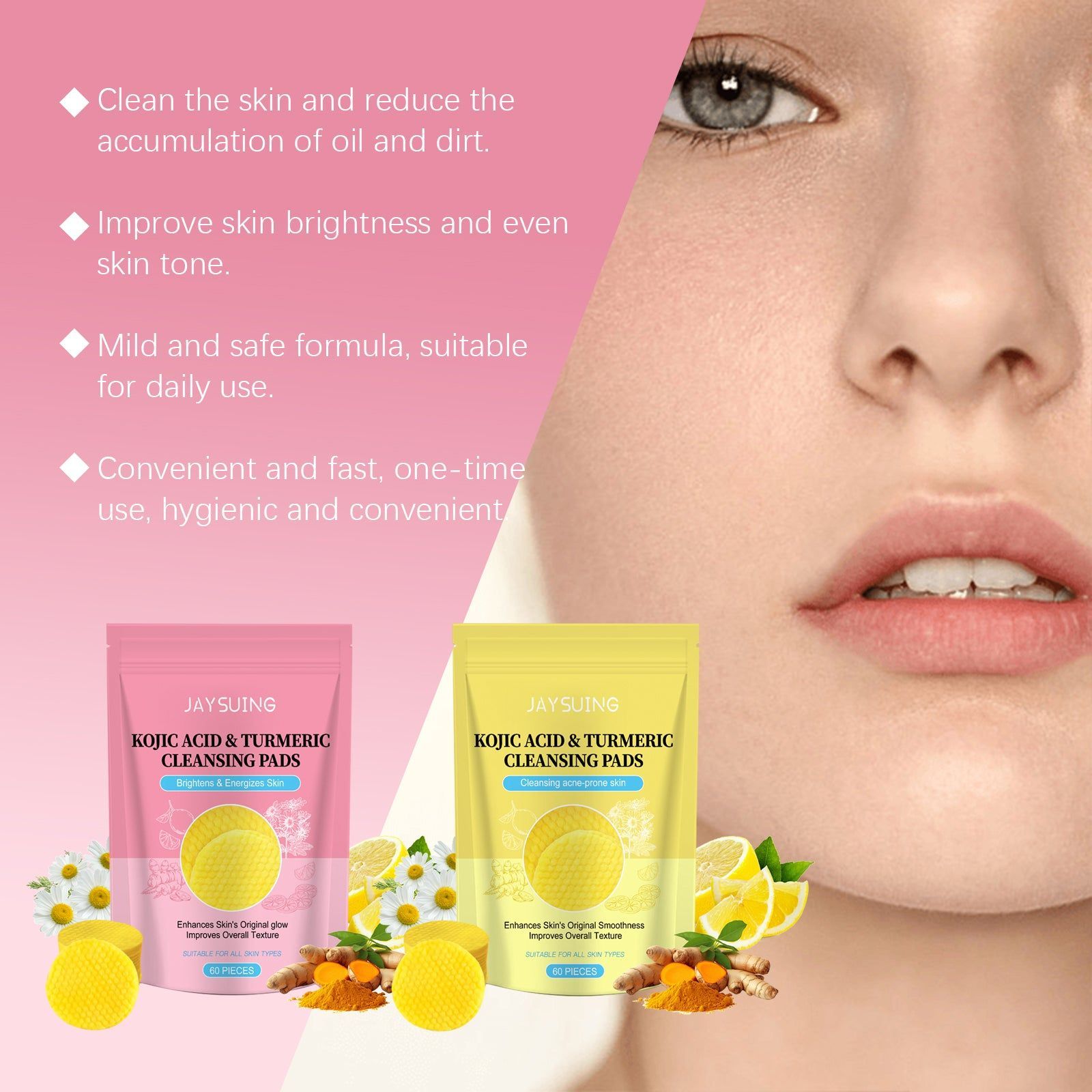 Brightening Facial Cleansing Cotton Pads with Kojic Acid, Turmeric, Vitamin C, Gentle Skin Brightening and Moisturizing ,60Pcs
