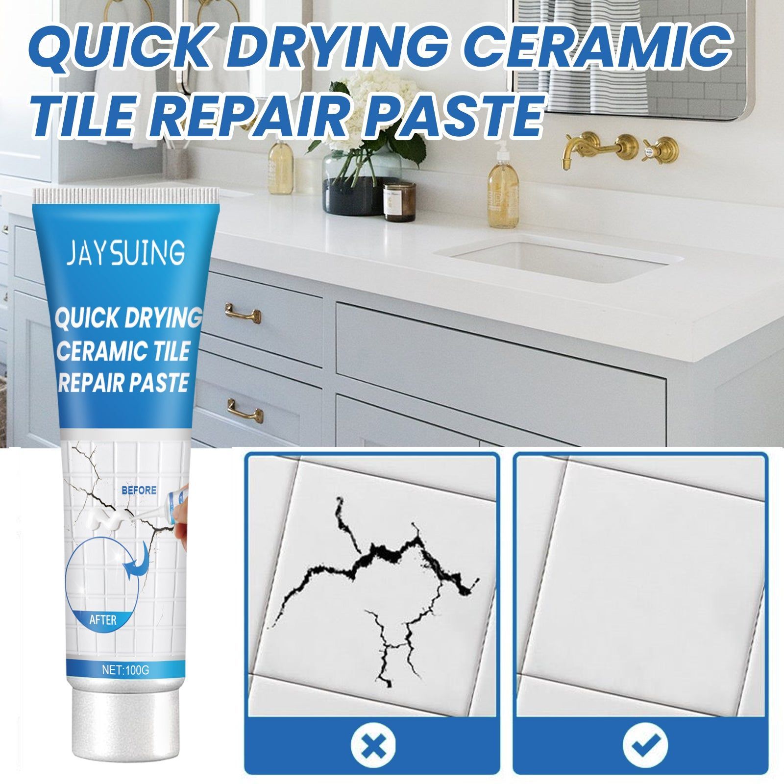 Fast Dry Tile Repair Glue, Crack Fix, Waterproof, Durable, Easy to Use ,1set