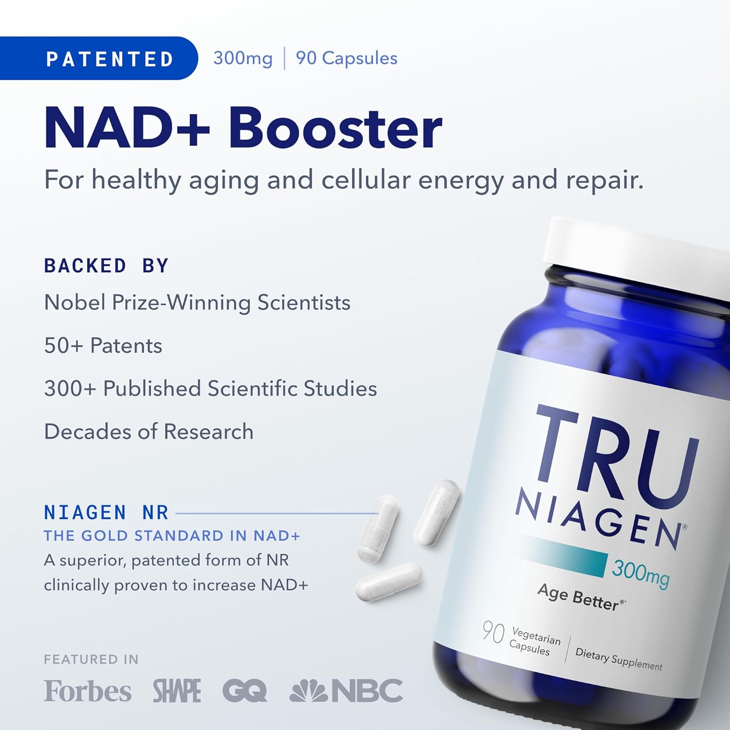 TruNiagen 90ct/300mg Multi Award Winning Patented NAD+ Boosting Supplement - More Efficient Than NMN - Nicotinamide Riboside for Cellular Energy Metabolism & Repair. Vitality, Muscle Health, Healthy Aging