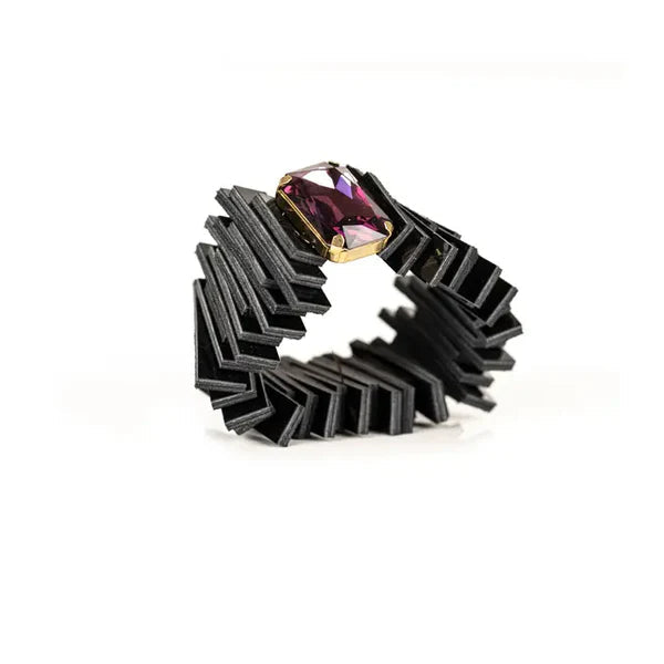 The Dark Black Geometric Leather Cuff Bracelet with Purple Crystal Handmade Statement Bracelet