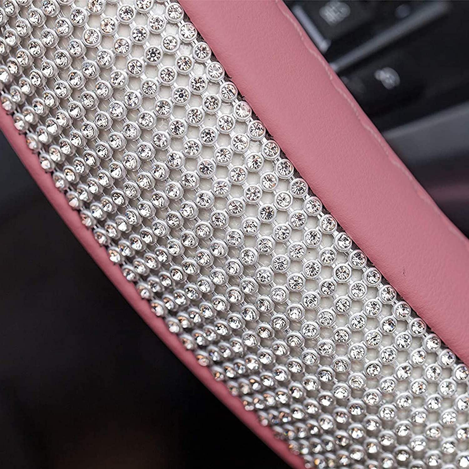 PU Leather Steering Wheel Cover Protector with Bling Crystal Rhinestones for 15 Inch