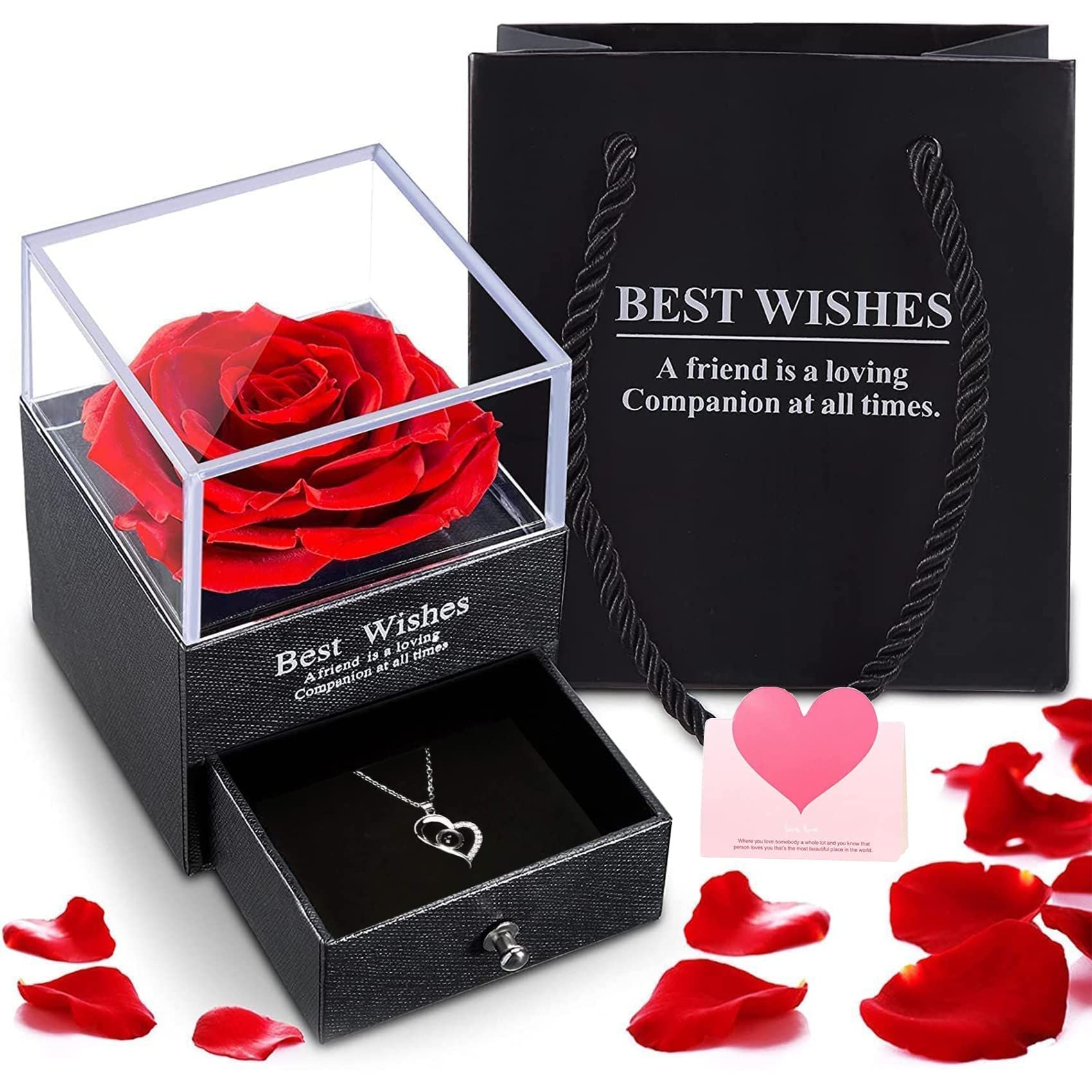 Preserved Rose Drawer With Necklace Rose And Silver Necklace Set Valentine Day