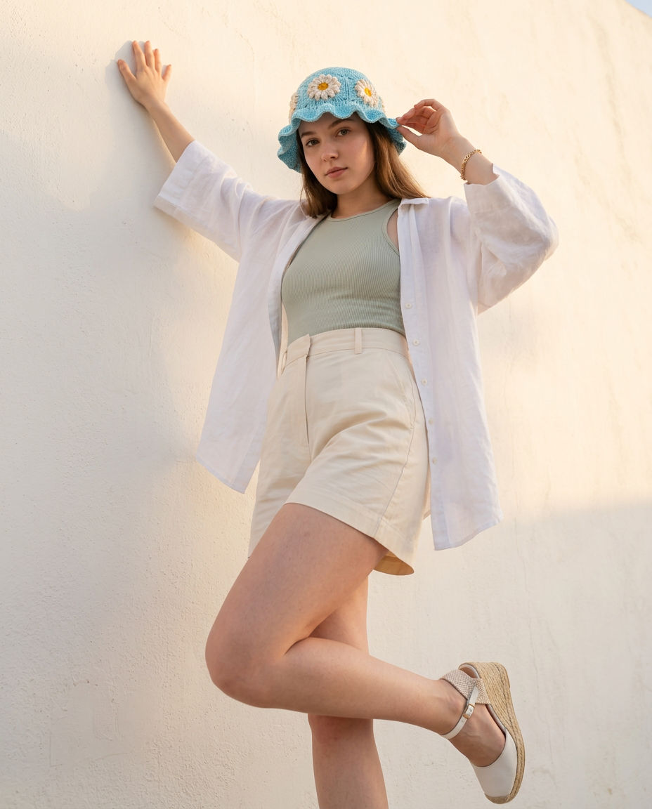 Hush and Stitch Light Blue Daisy Bucket Hat (Cream Flowers)