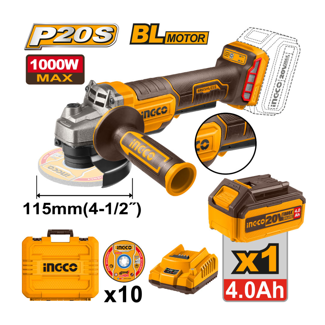 INGCO Brushless Angle Grinder Kit, 20V