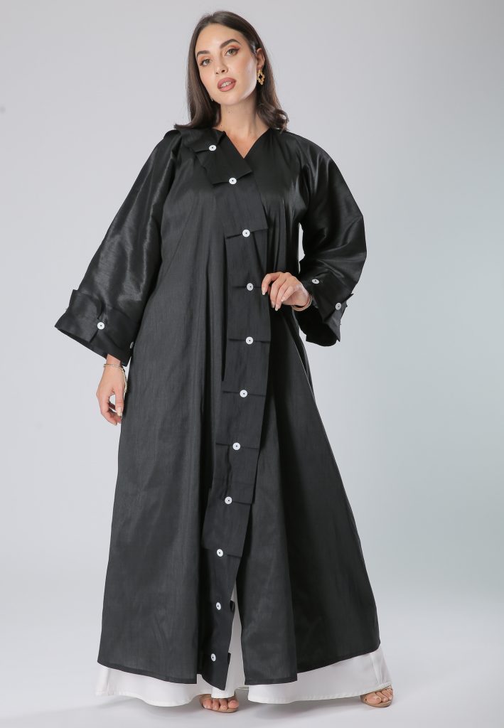 MOiSTREET Hindi Harir Black Pleats Buttons Lace Abaya