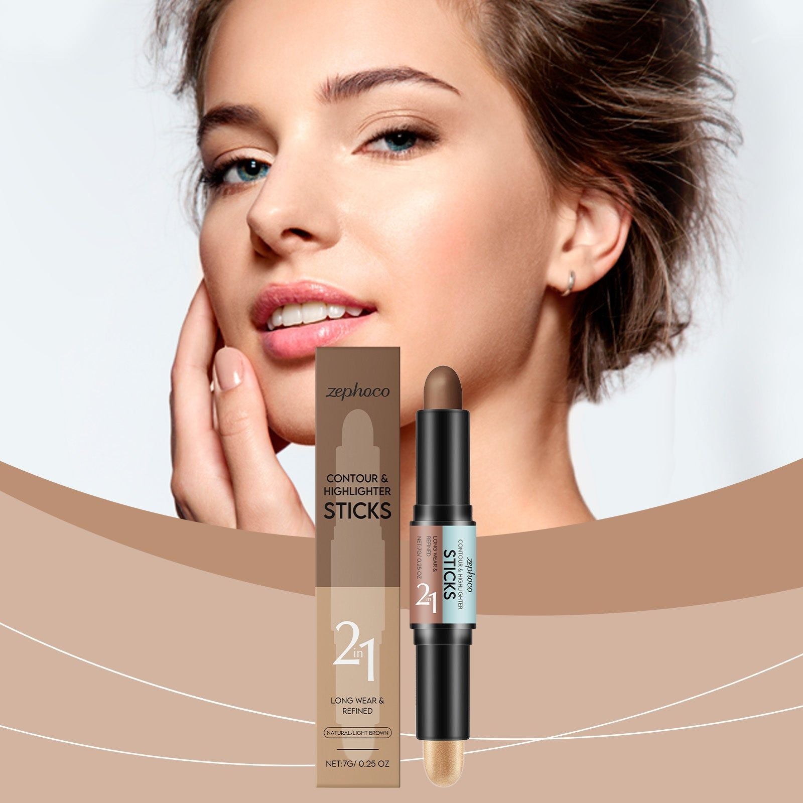 2-in-1 Contouring and Highlighting Stick, Natural & Light Coffee, Easy Makeup, Portable, Flawless 3D Face Sculpting ,7g