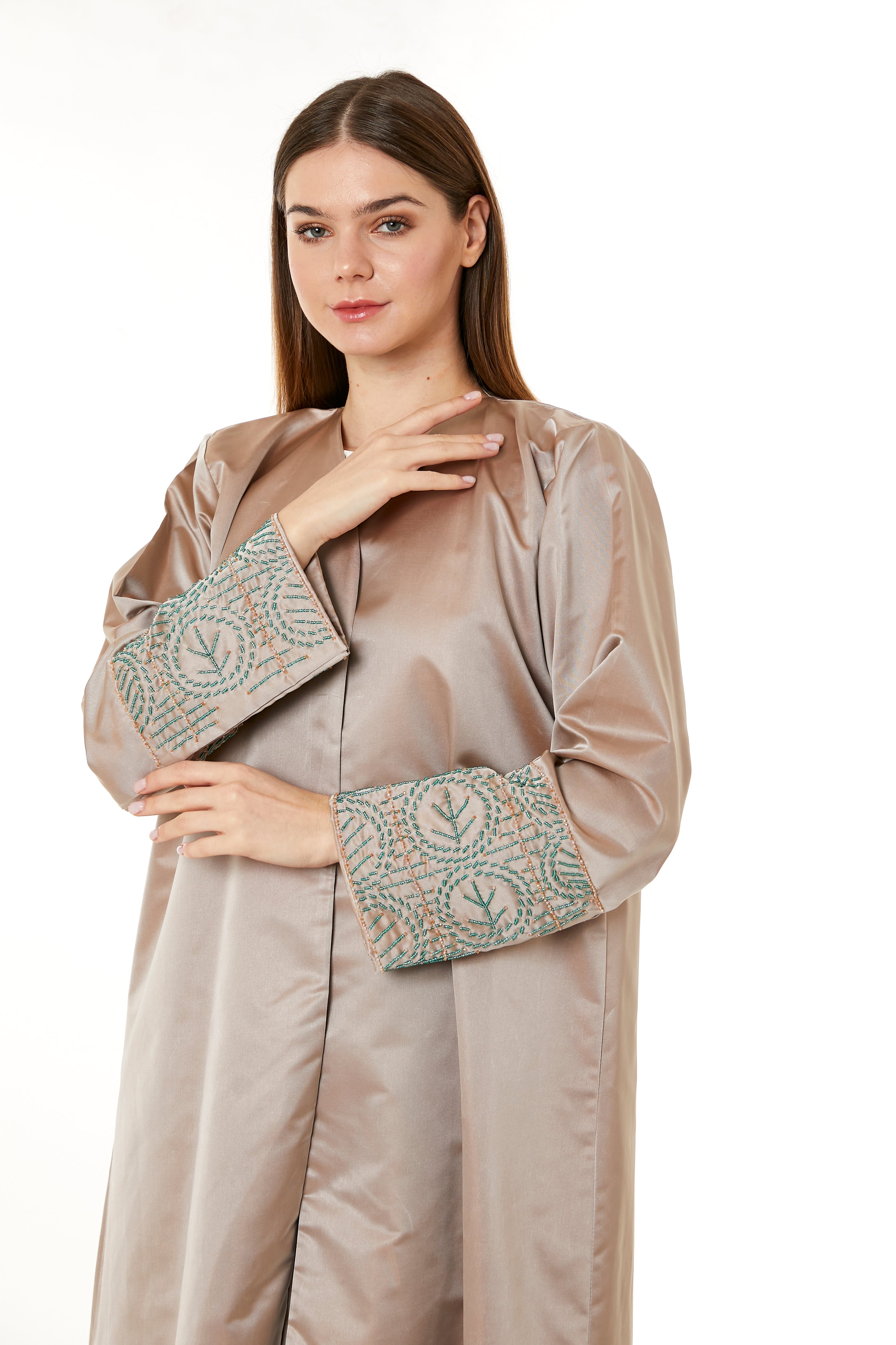 Tan Victoria Satin Hand Embellished Abaya