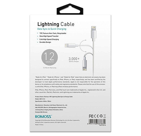 ROMOSS MFICB13N560(SIL) 1-Meter Apple Mfi Certified Lightning To Usb Cable - White