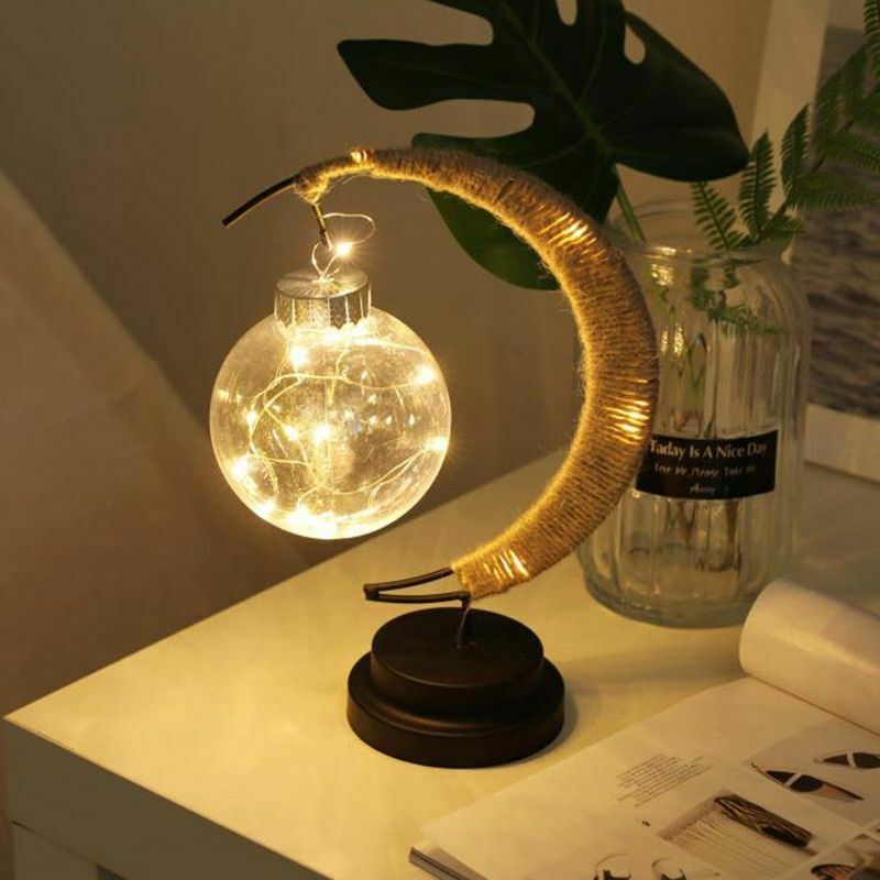 LED Moon Night Light Hanging Vine Ball Desk Lamp Handmade Rope Rattan Table Lamp Bedroom Decoration