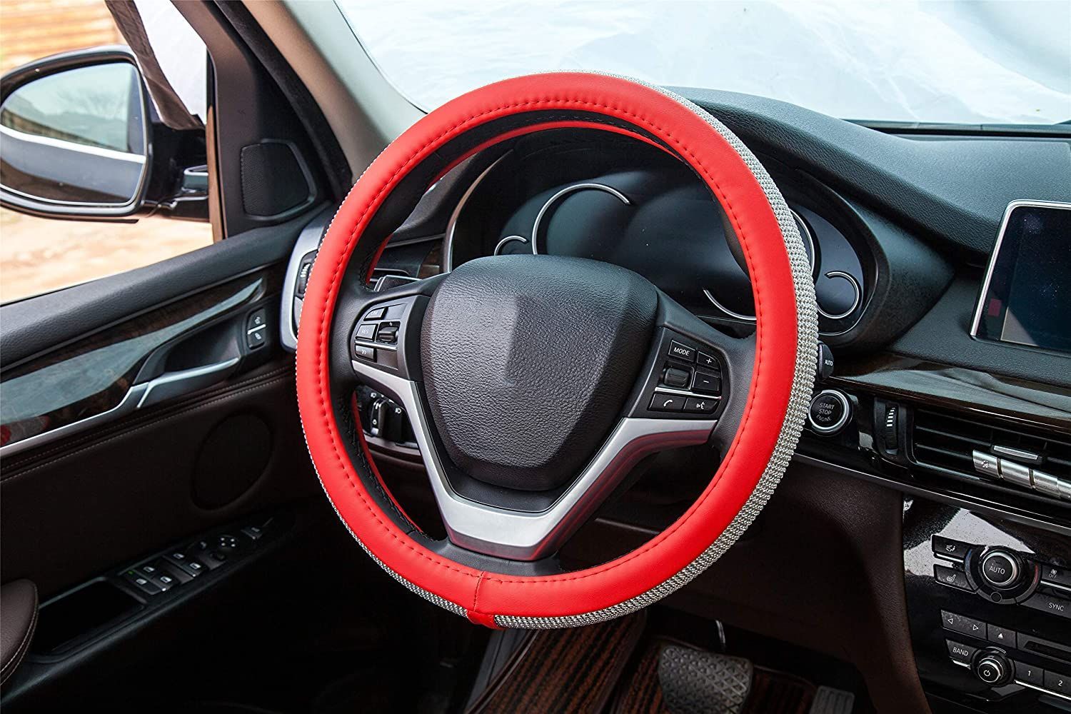 PU Leather Steering Wheel Cover Protector with Bling Crystal Rhinestones for 15 Inch
