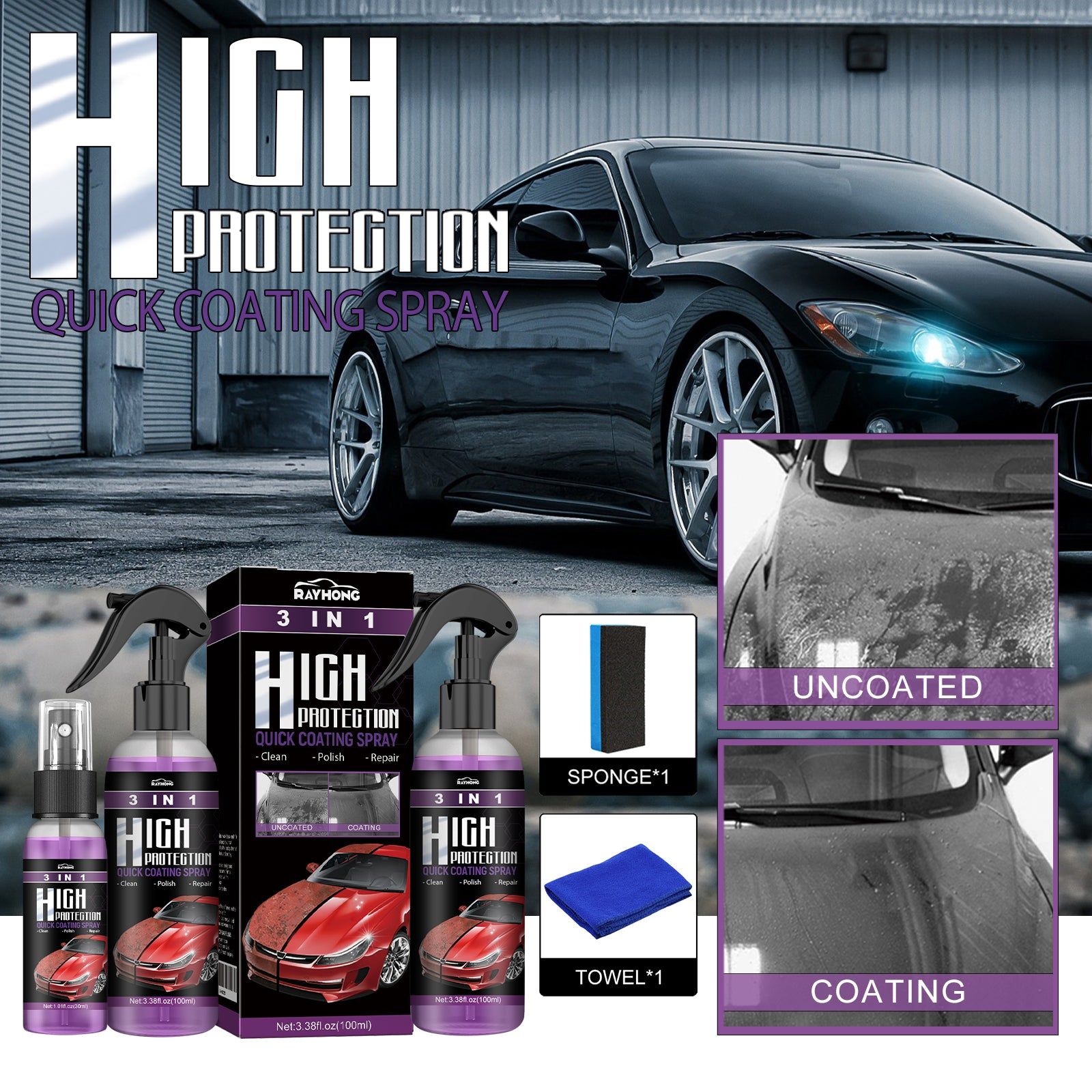 3-in-1 Car Coating Spray, Hydrophobic, Easy Repair, Shine & Dirt Removal ,100ml