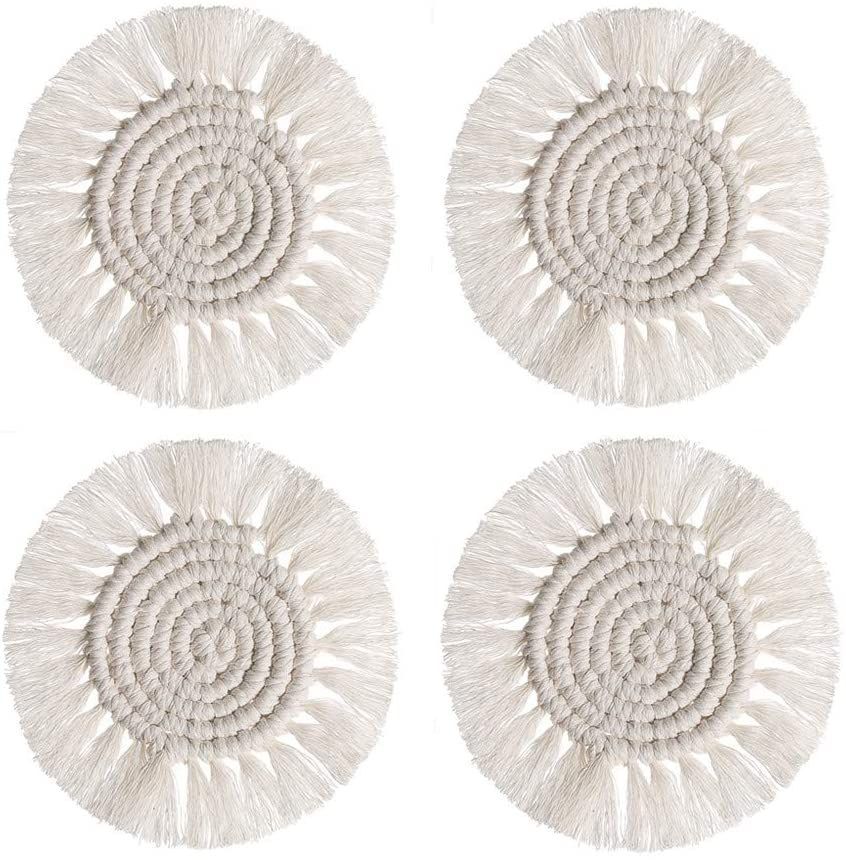 4-Pack Handmade Macrame Coasters Round Drinks Cotton Boho Woven Coaster Set