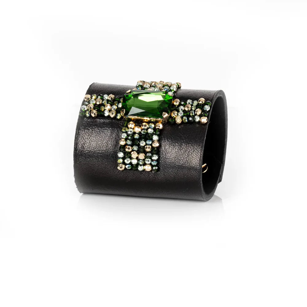 The Dark Crystal Ribbon Leather Cuff Bracelet Black & Emerald Spark