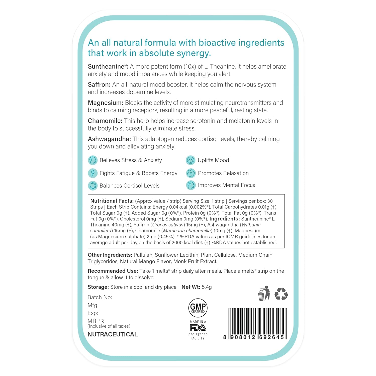 Wellbeing Nutrition Melts Calm & Relaxation for reduced anxiety and balanced mood, Oral Strips 30 (Buy one get one)