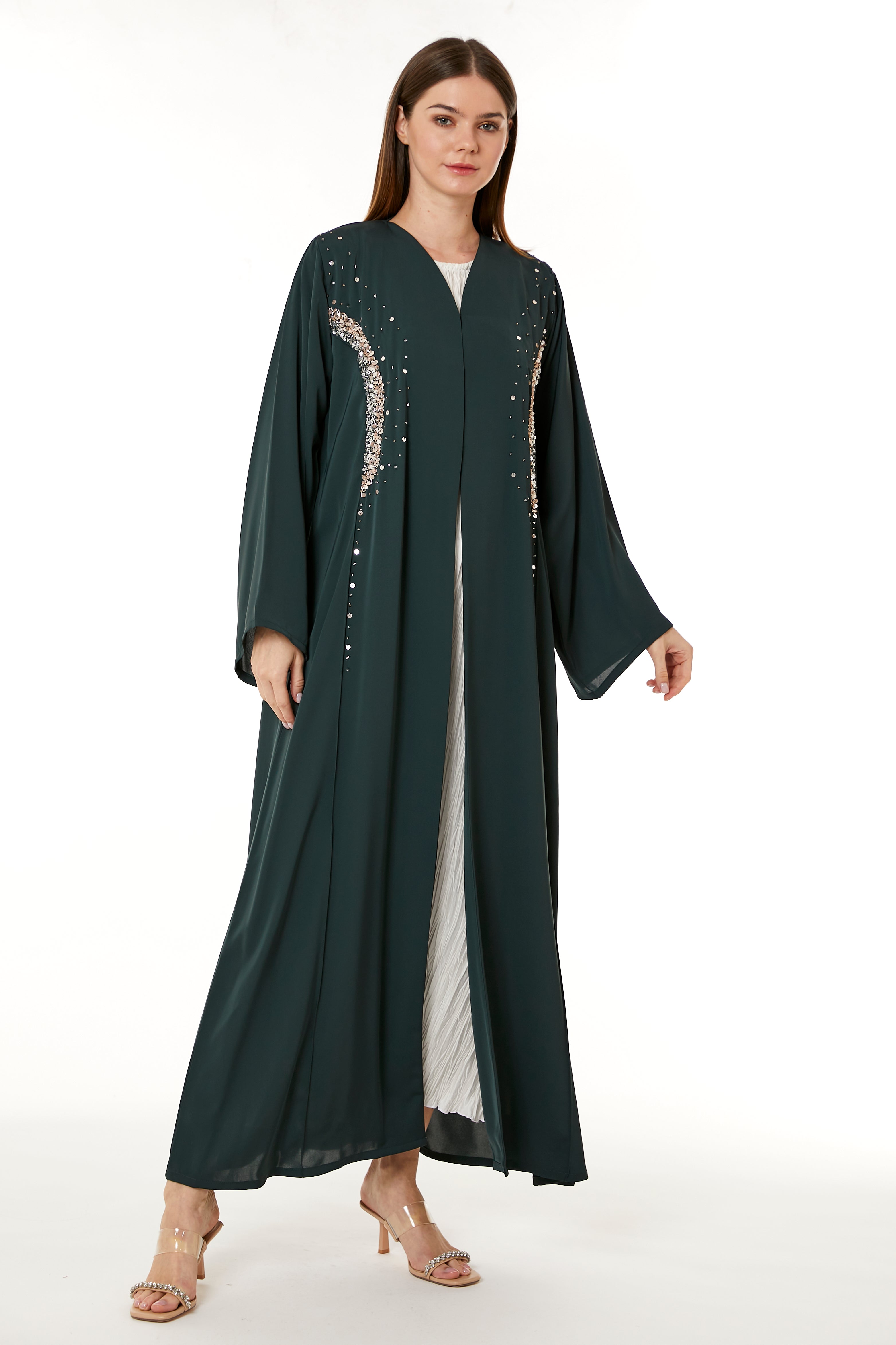 MOiSTREET Dark Green Korean Nida Hand Embellished Abaya