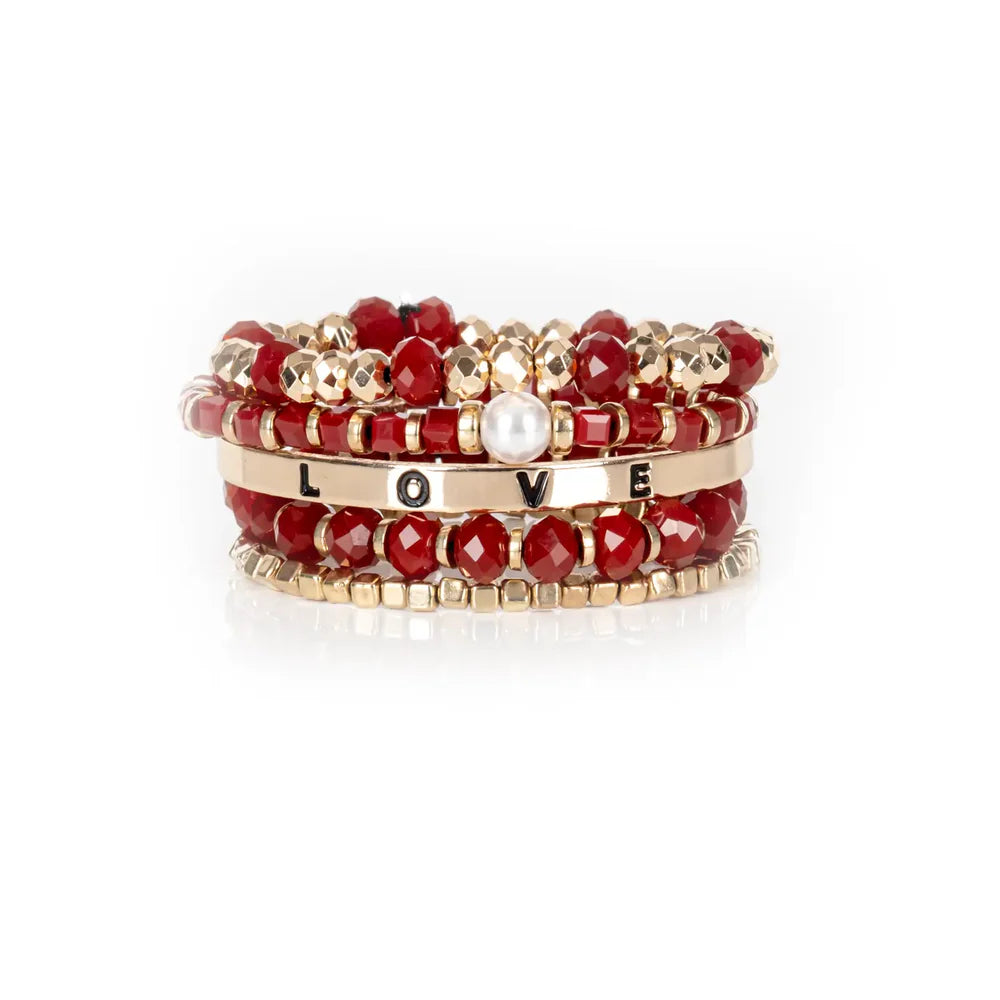 The Dark LOVE Red & Gold Beaded Bracelet Stack Pearl Charm Edition